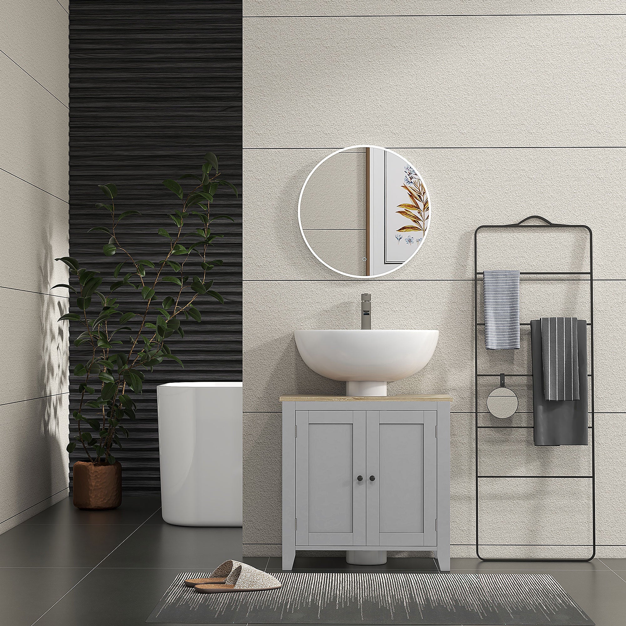 kleankin Under Sink Cabinet, Bathroom Sink Cabinet with 2 Doors, Pedestal Under Sink Design, Freestanding Bathroom Cupboard with Adjustable Shelf, Grey - North Peak Garden Furniture