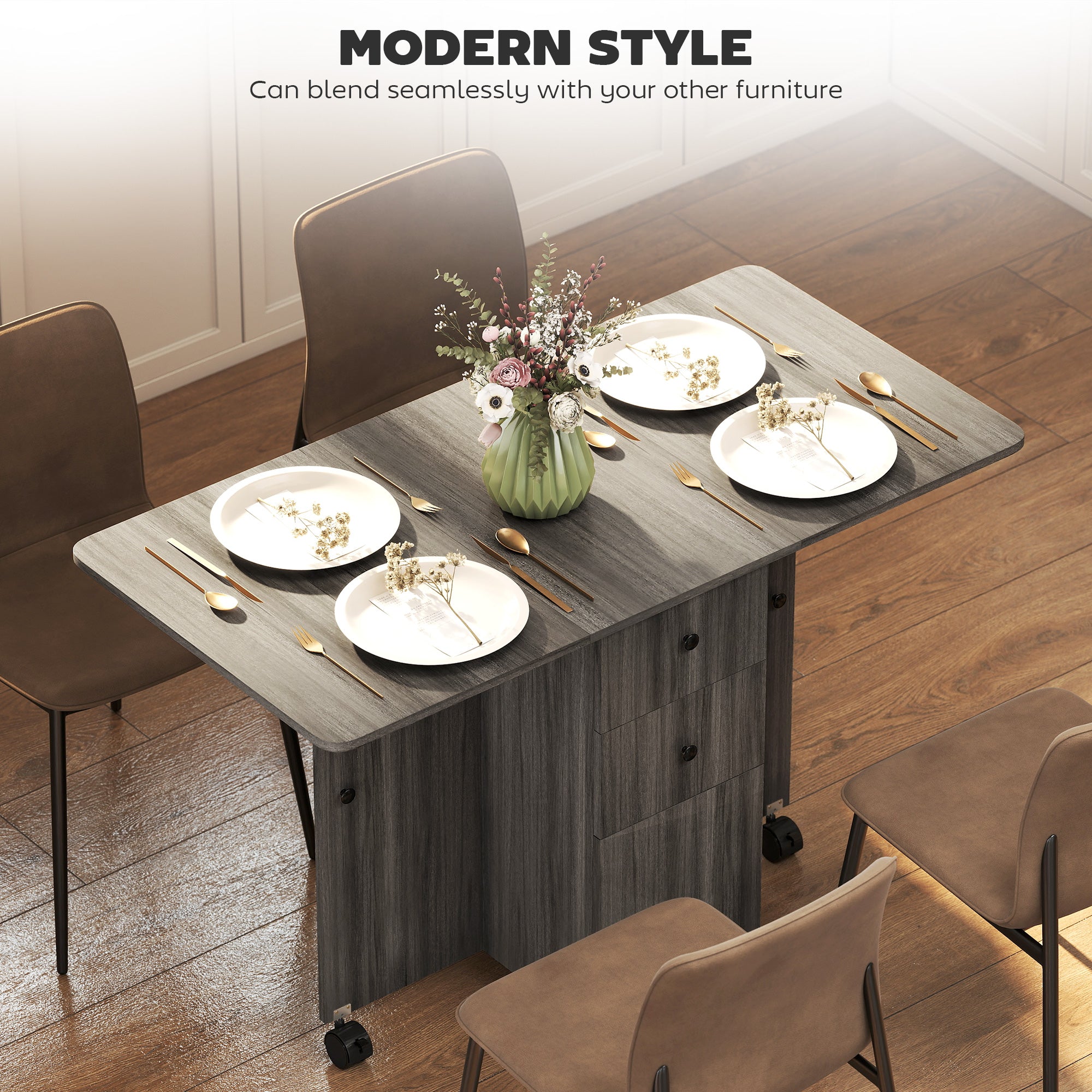 HOMCOM Multi-Storage Six-Person Drop Leaf Dining Table - Grey
