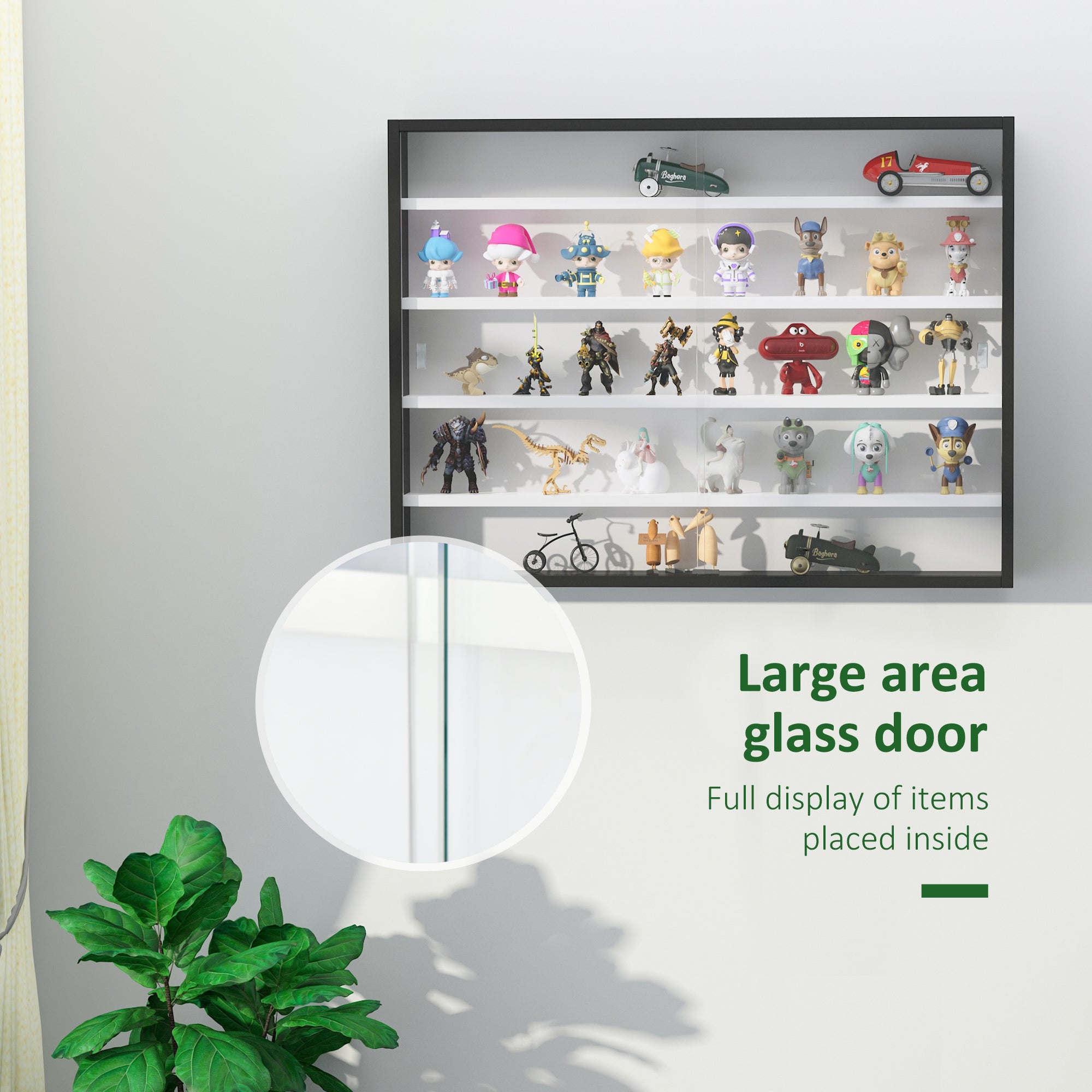HOMCOM 5-Tier Wall Display Shelf Unit Cabinet w/ 4 Adjustable Shelves Glass Doors Home Office Ornaments 60x80cm Black/White - North Peak Garden Furniture