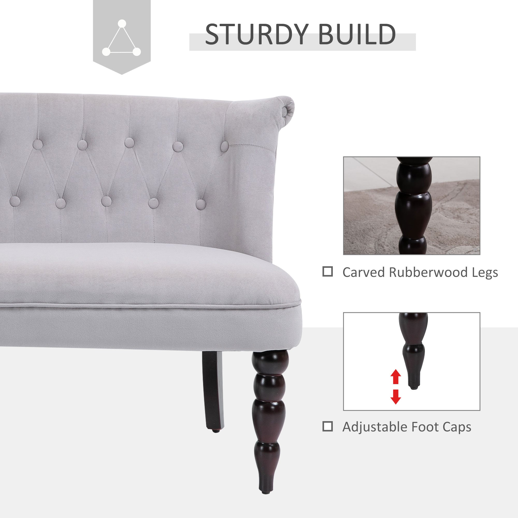 HOMCOM Loveseat with Wood Frame, Compact 2 Seater Sofa, Button Tufted Chaise Lounger with Carved Legs, Vintage Design for Bedroom Living room, Grey - North Peak Garden Furniture