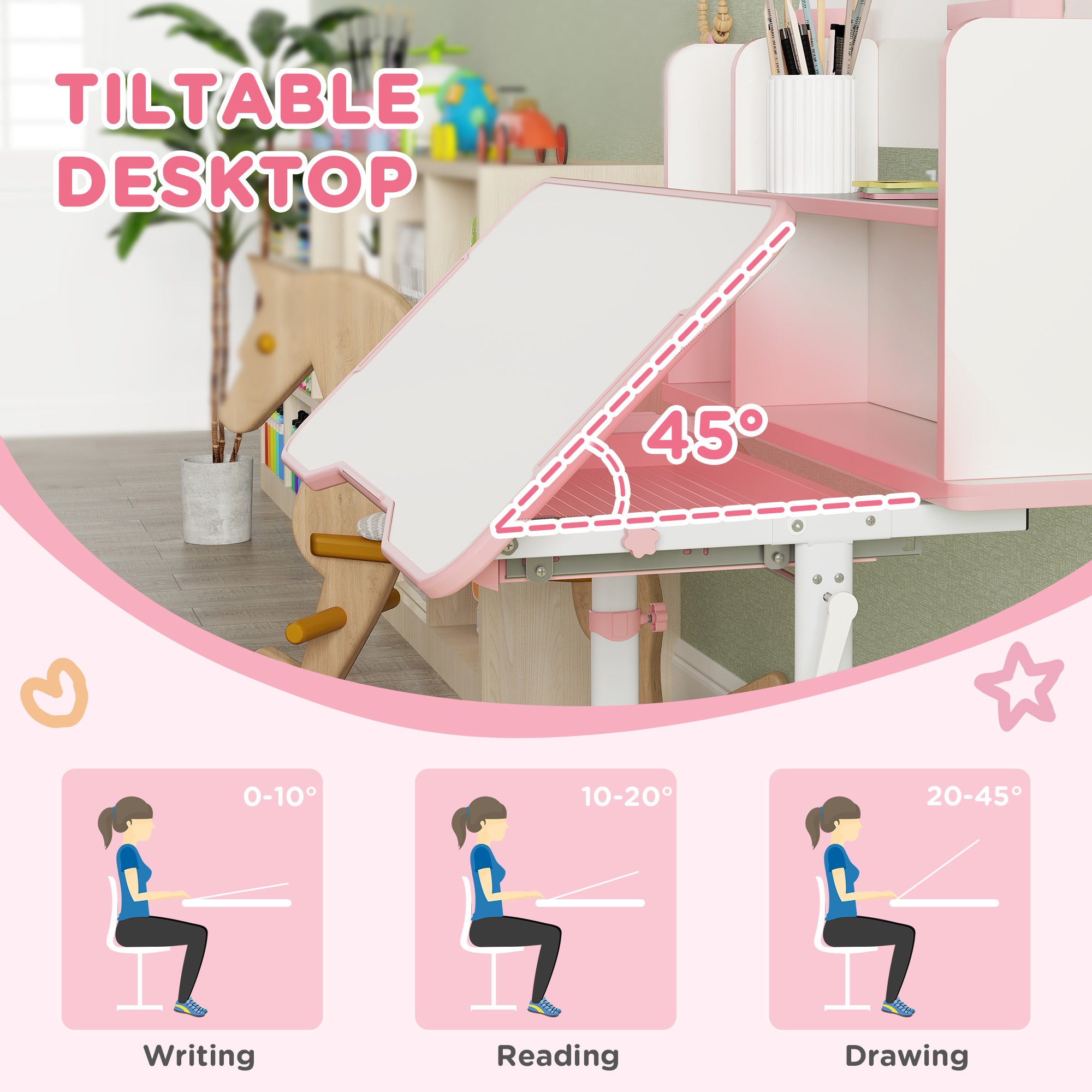 AIYAPLAY Height Adjustable Kids Desk and Chair Set, Children School Study Desk with Tiltable Desktop, Reading Rack, Pink - North Peak Garden Furniture