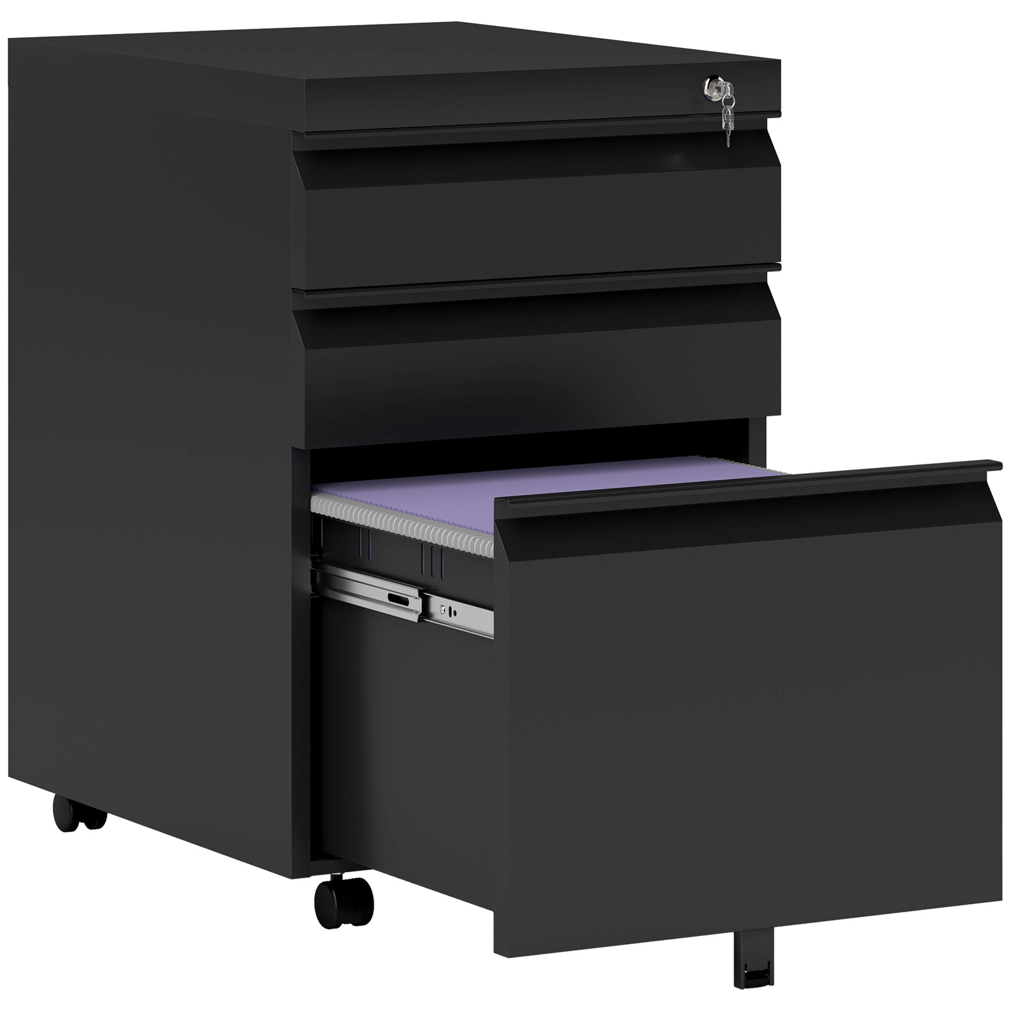 Vinsetto 3 Drawer Filling Cabinet, Mobile Metal File Cabinet with Anti-tilt Design for Letter, A4, Legal Size, Black - North Peak Garden Furniture