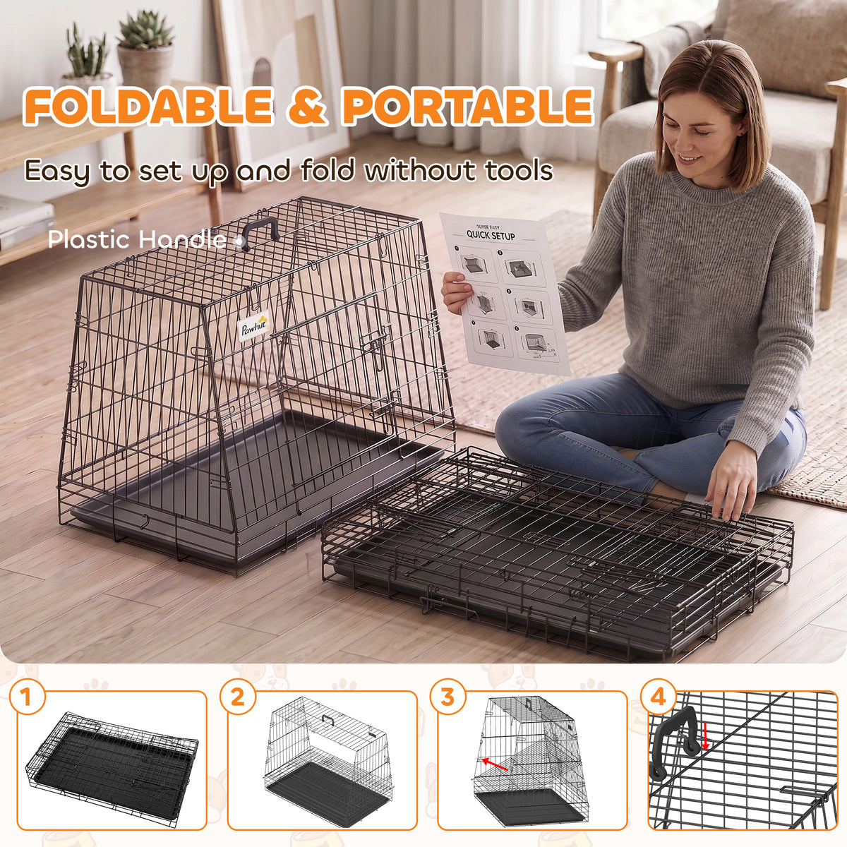 PawHut 35"(90 cm) Car Dog Crate Medium Large Collapsible Slanted Travel Dog Cage with Tray for Car Boot