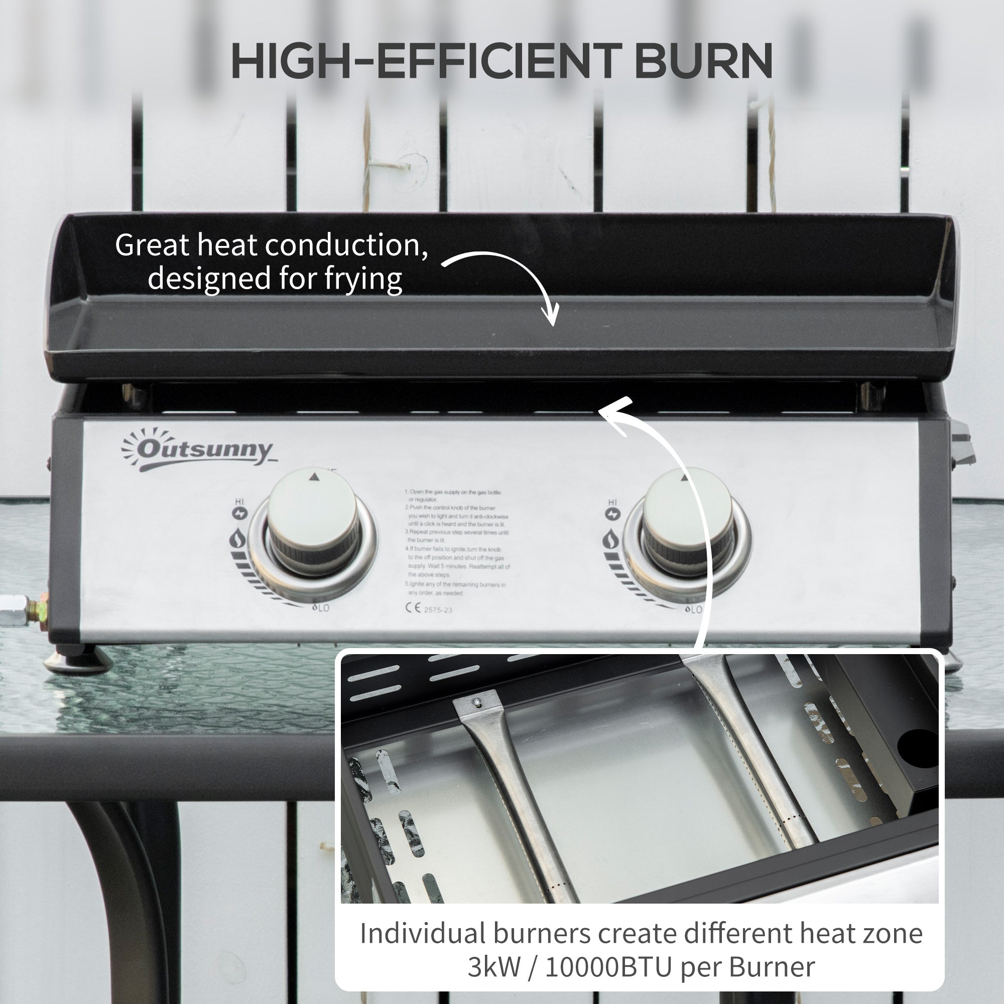 Outsunny Gas Plancha Grill with 2 Stainless Steel Burner, 6kW, Portable Tabletop Gas BBQ with Non-Stick Griddle for Camping Picnic Garden Party Festival - North Peak Garden Furniture