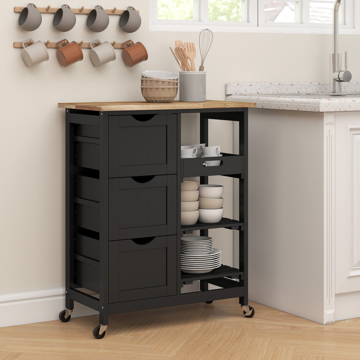 HOMCOM Rolling Kitchen Island Cart, Bar Serving Cart, Compact Trolley on Wheels with Wood Top, Shelves & Drawers for Home Dining Area, Black