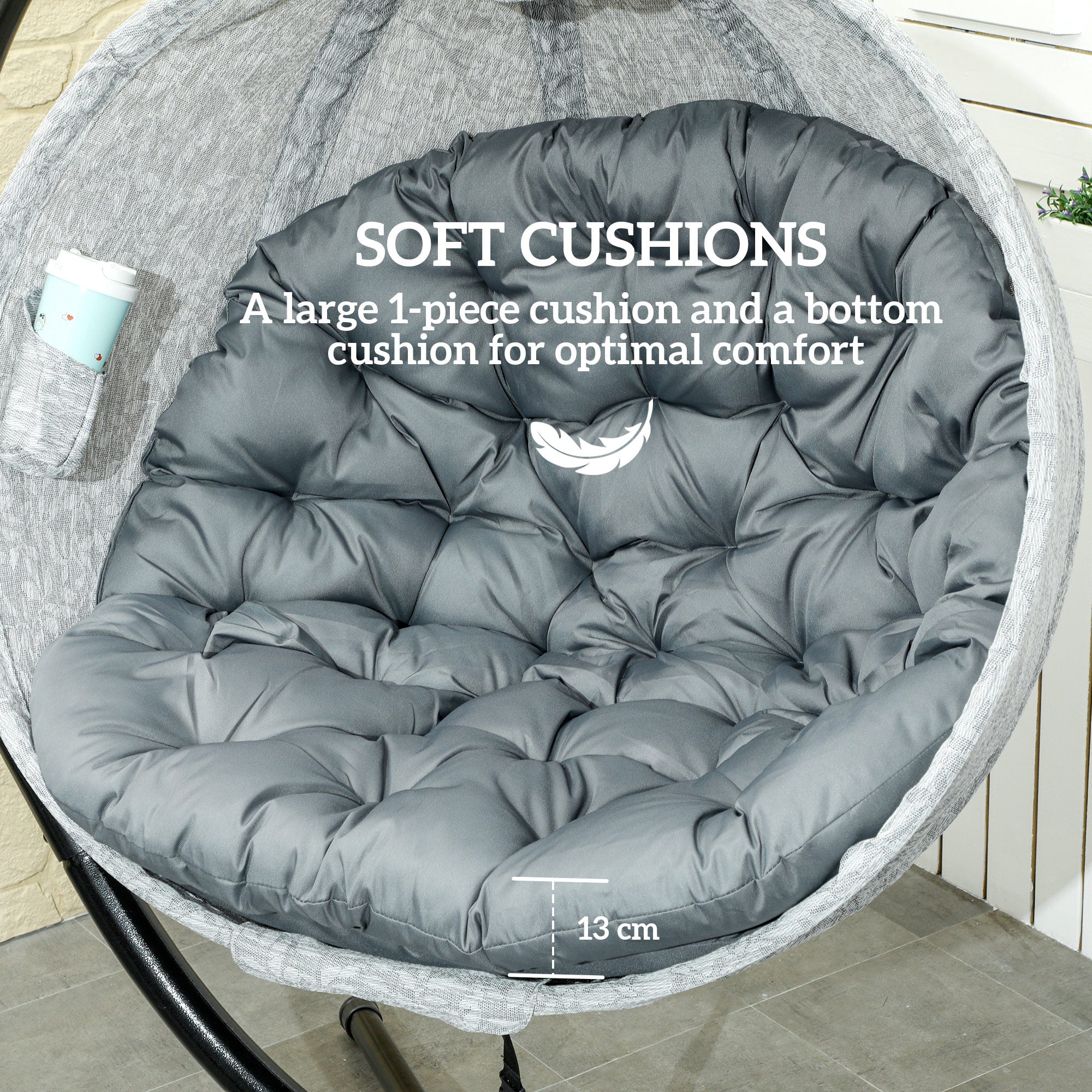 Outsunny Hanging Egg Chair Outdoor Indoor Garden Swing Chair with Folding Basket, Garden Hanging Chair with Stand, Thickened Cushion, Cup Holder for Patio, Balcony, Grey - North Peak Garden Furniture