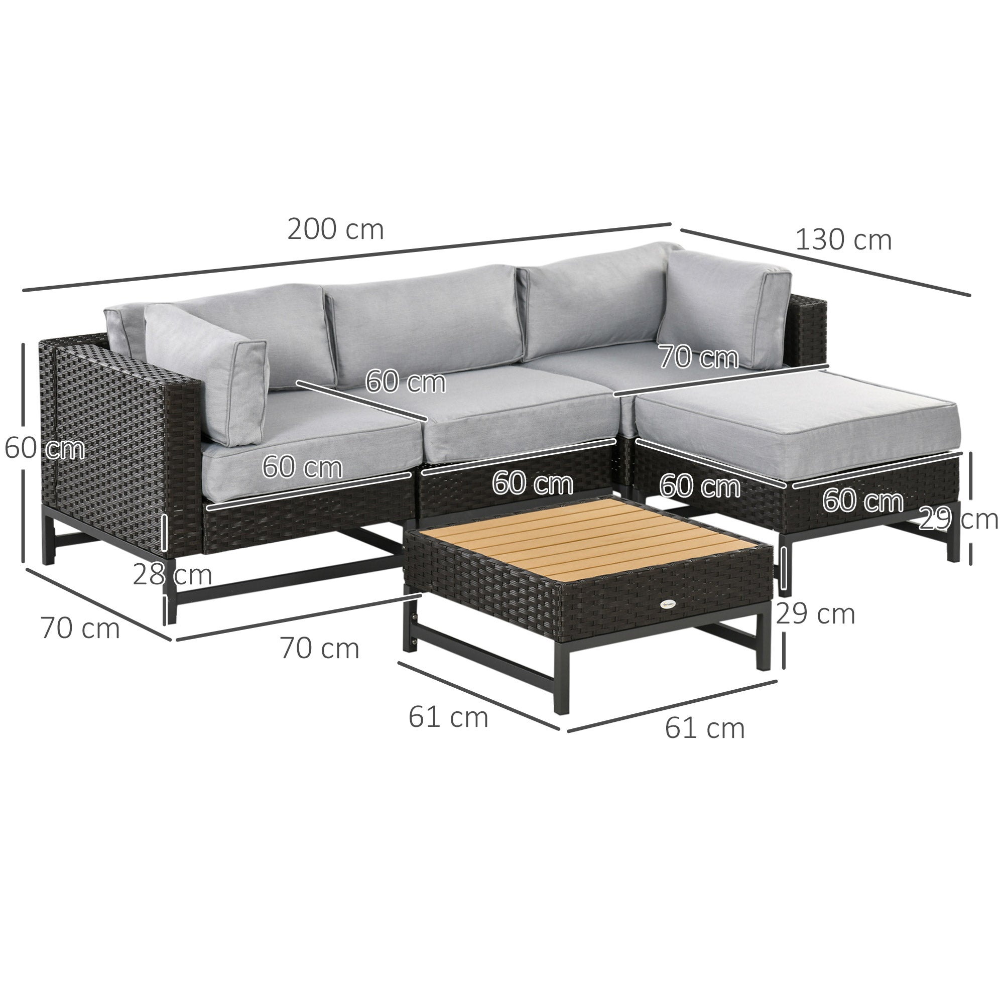 Outsunny 5 Pieces Outdoor PE Rattan Corner Sofa, Patio Wicker Woven Rattan Garden Furniture w/ Thick Padded Cushions, Plastic Top Table | Aosom UK