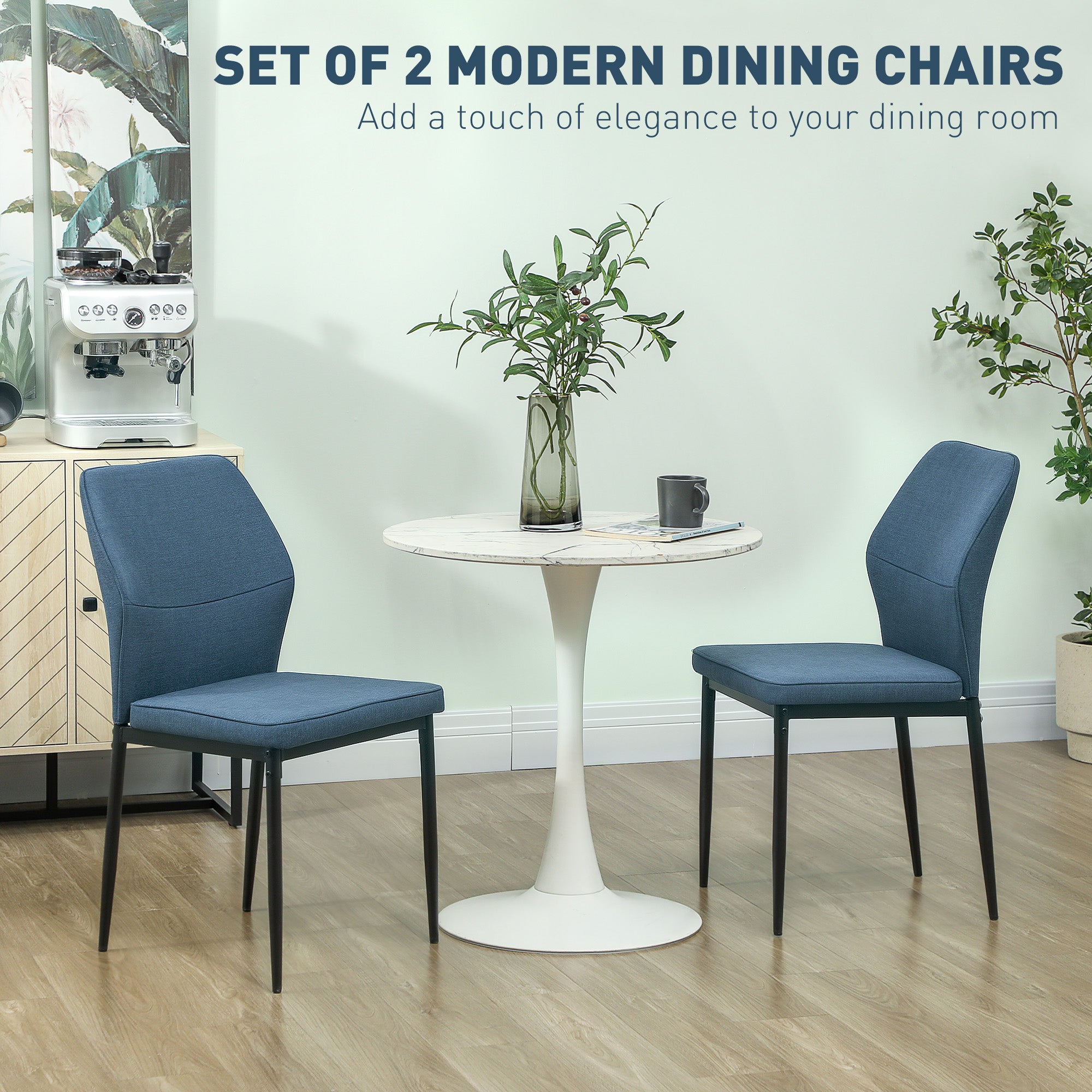HOMCOM Velvet Dining Chairs Set of 2, Modern Upholstered Kitchen Chairs with Metal Legs, Curved Back and Padded Seat, Armless Side Chairs for Dining Room, Bedroom, Living Room, Blue - North Peak Garden Furniture