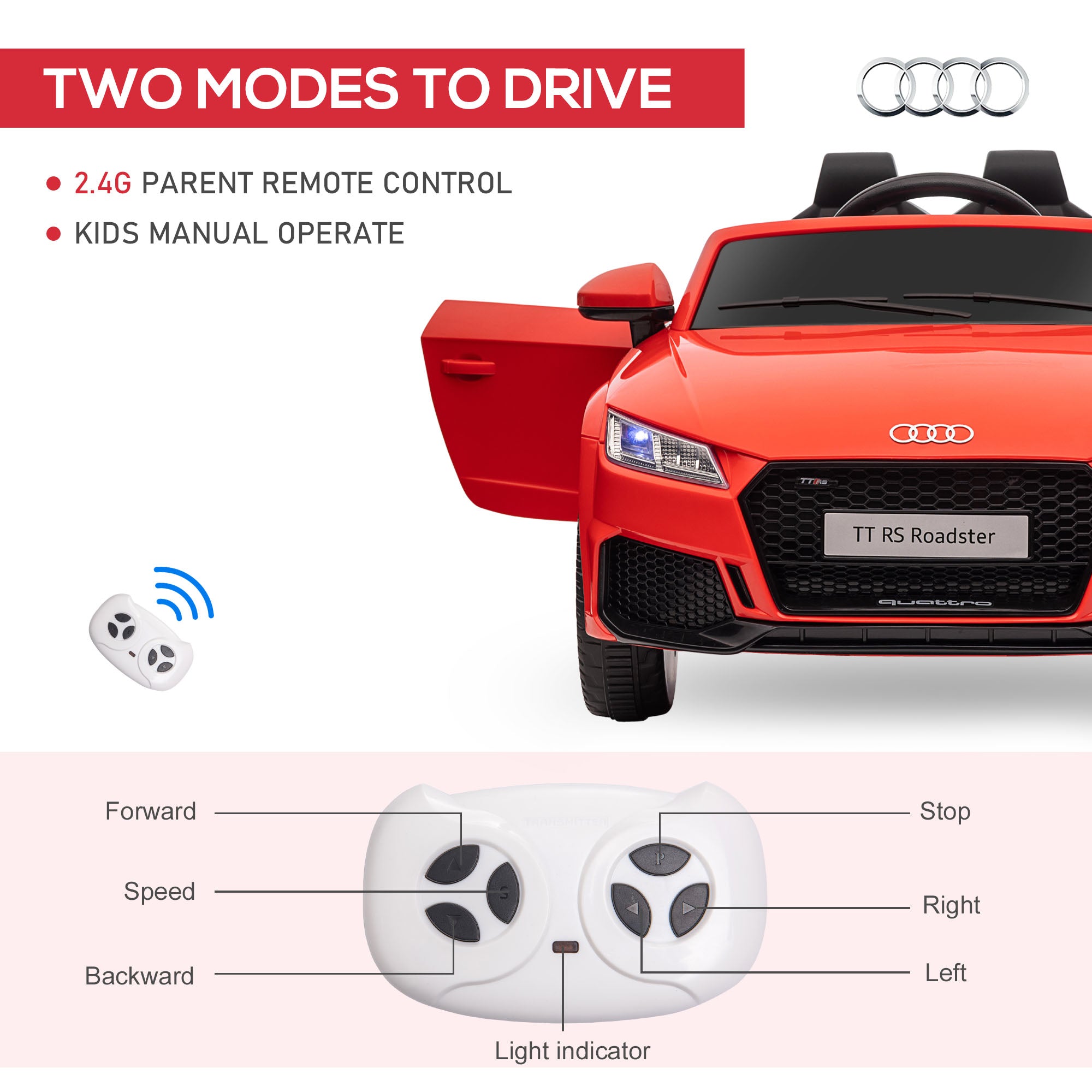 HOMCOM Kids Licensed Audi TT Ride-On Car 12V Battery w/ Remote Suspension Headlights and MP3 Player 3km/h Red