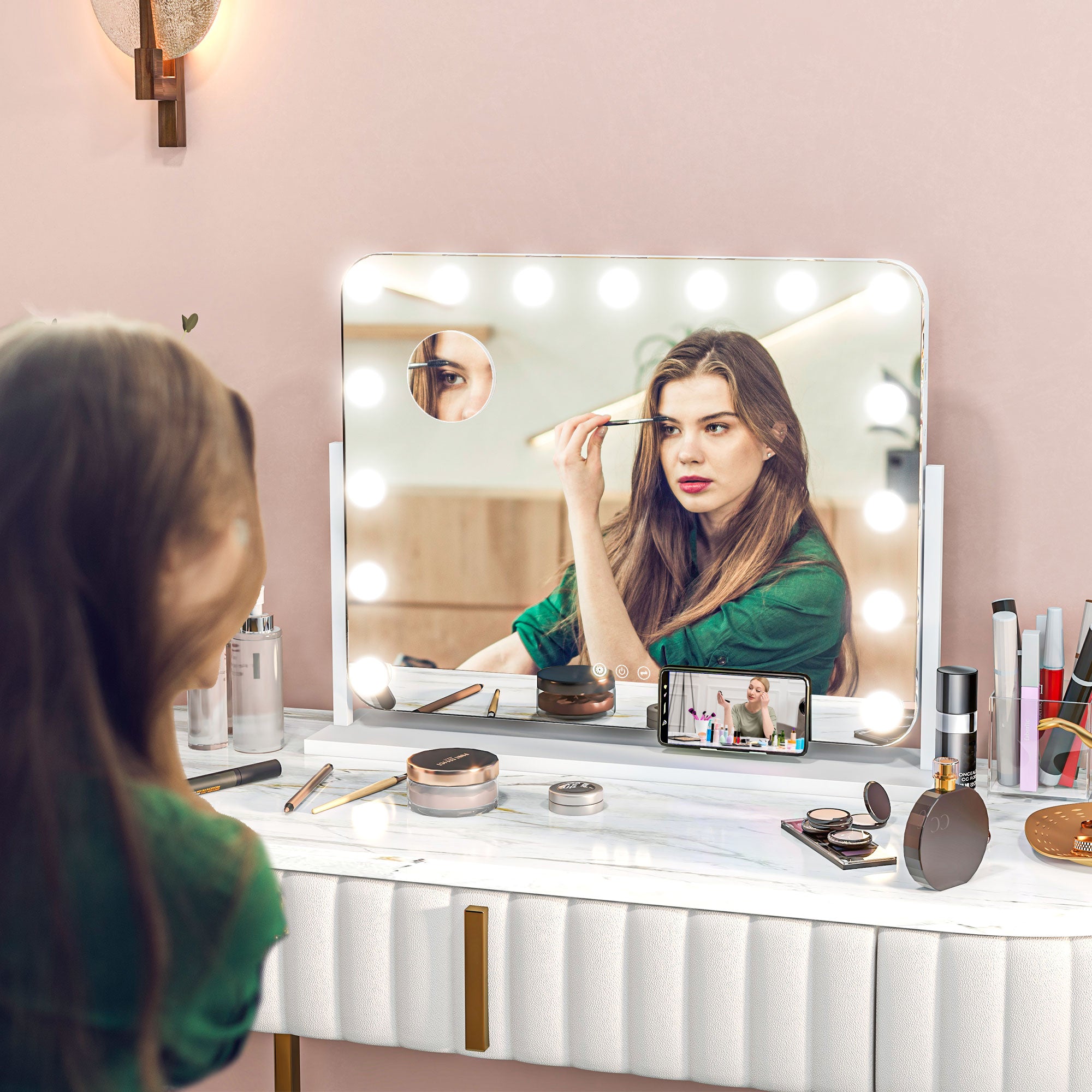 HOMCOM 14 LED bulb Tabletop Makeup Mirror, with Adjustable Settings - North Peak Garden Furniture