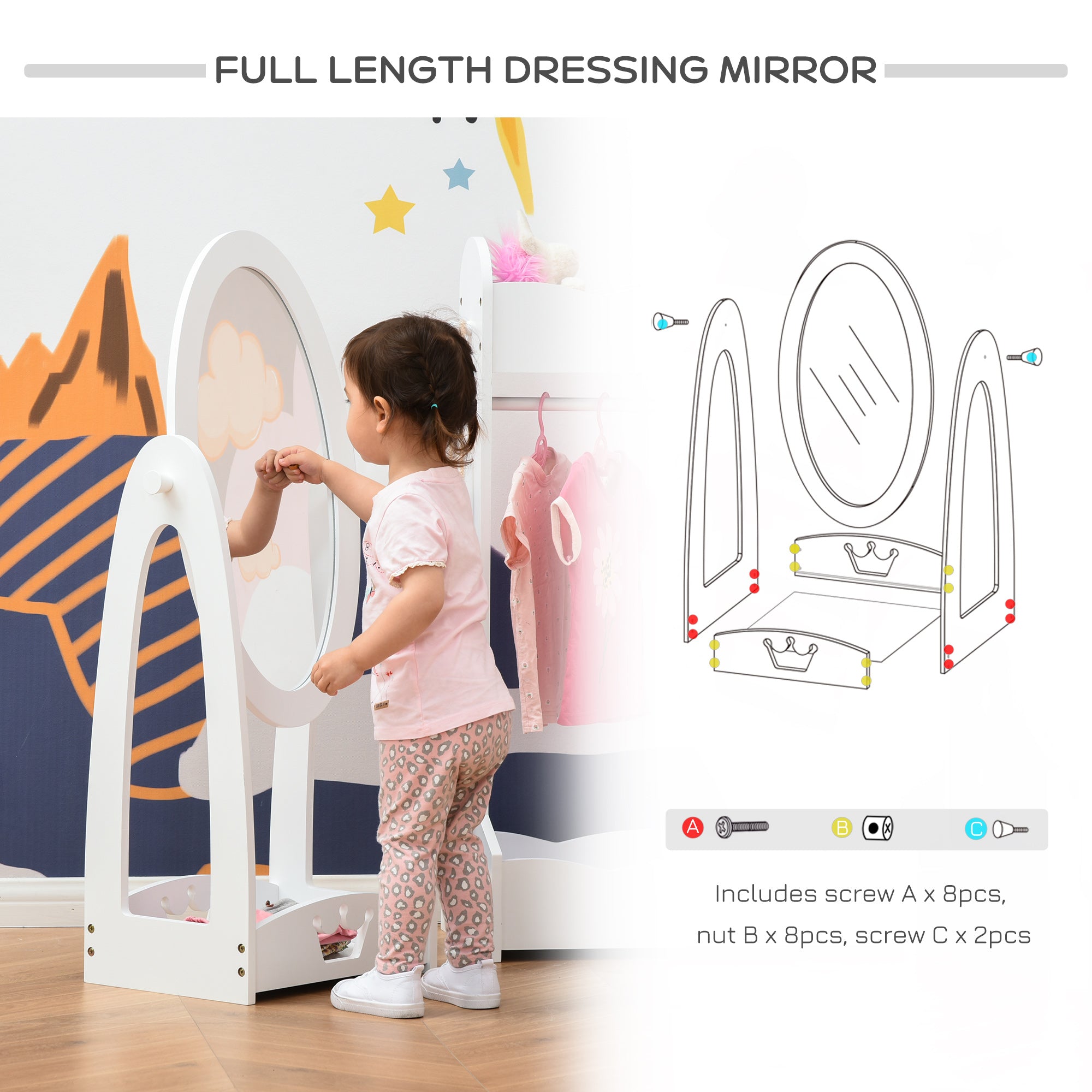 HOMCOM Free Standing Full Length Mirror, Child's Dressing Mirror with storage shelf, Children's White Bedroom Furniture 360° Rotation MDF, For 3- 8 Years Old, 40L x 30W x 104H cm