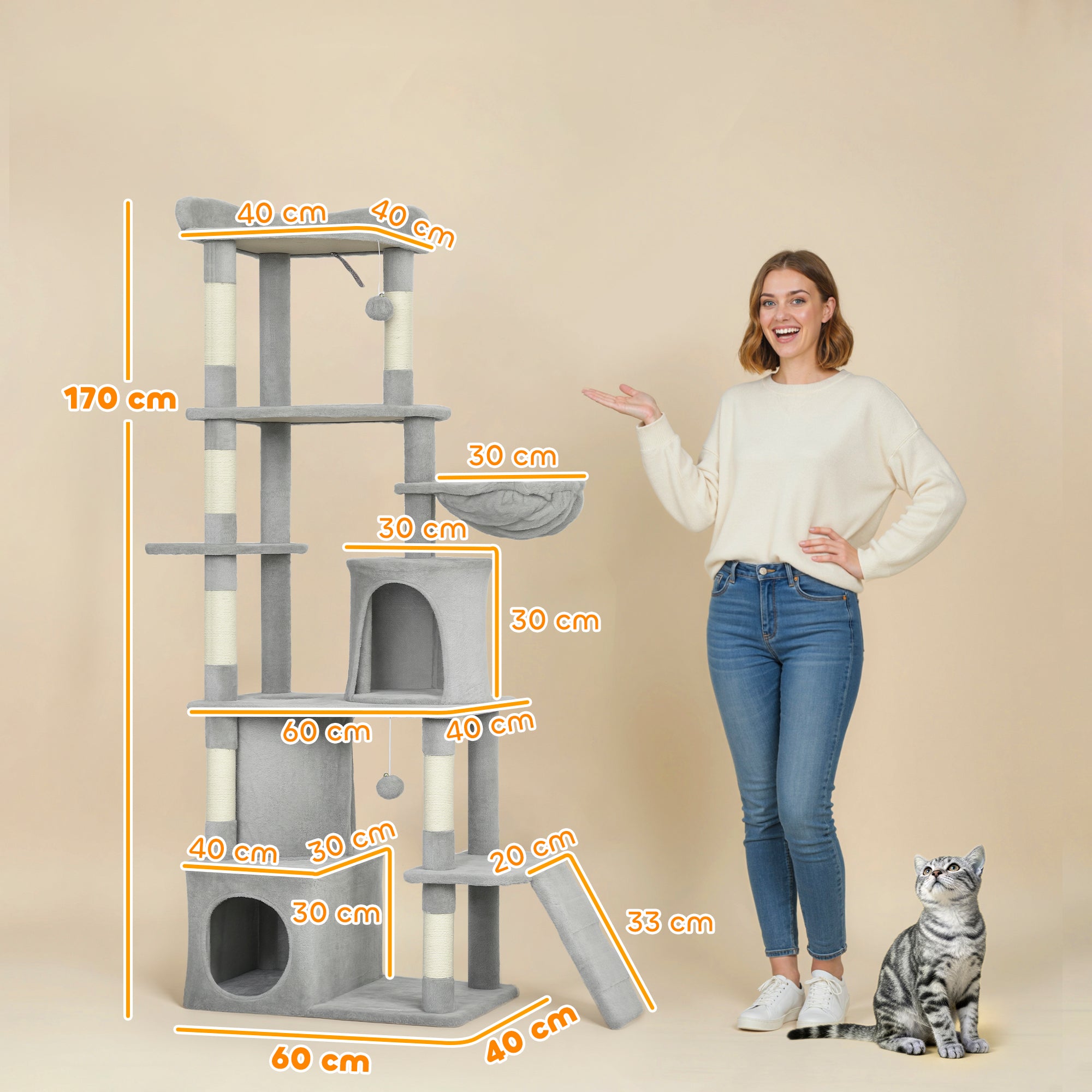 PawHut 170 cm Large Cat Tree, Cat Tower with 7 Scratching Posts, Tunnel, 2 Condos, Hammock, Perch, Ramp, Pompoms, Light Grey