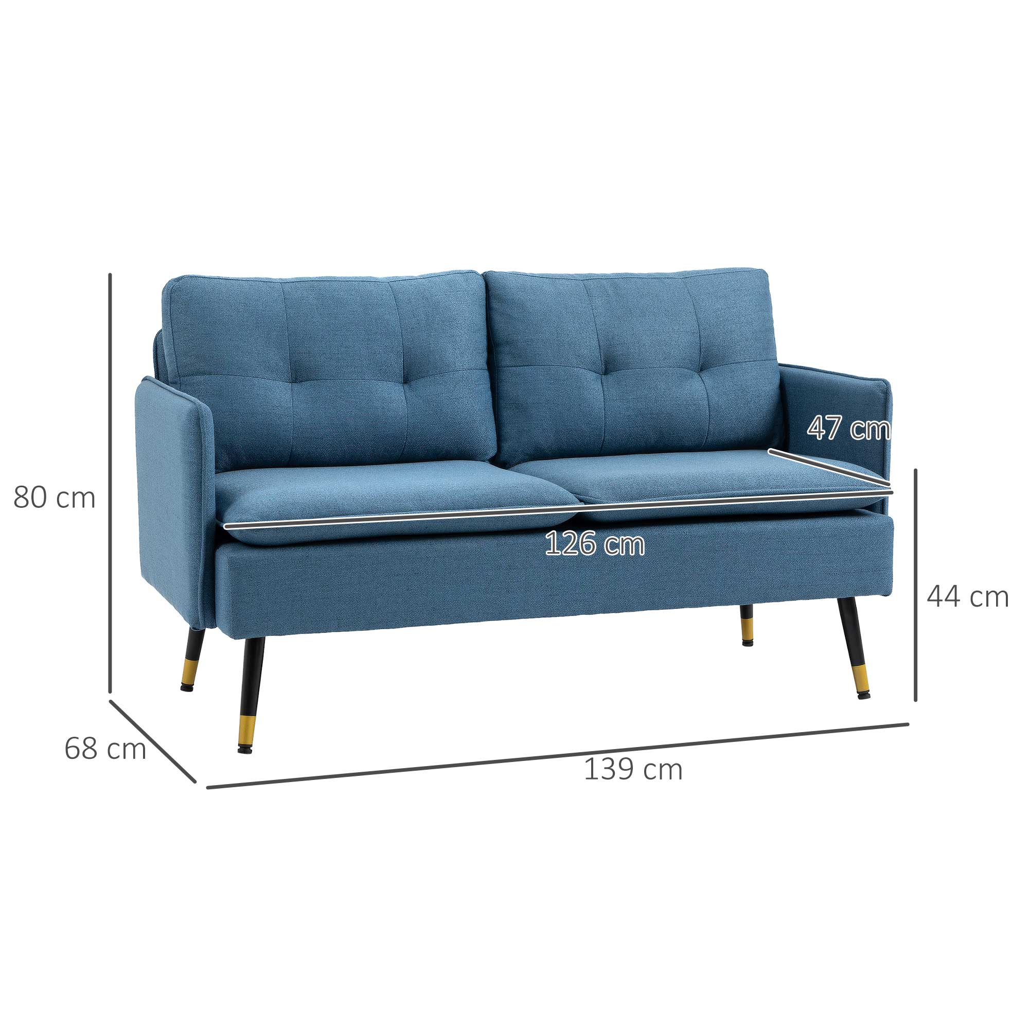 HOMCOM Modern Two Seater Sofa, Button Tufted Loveseat with Cushions and Steel Legs for Living Room, Guest Room, Dark Blue - North Peak Garden Furniture