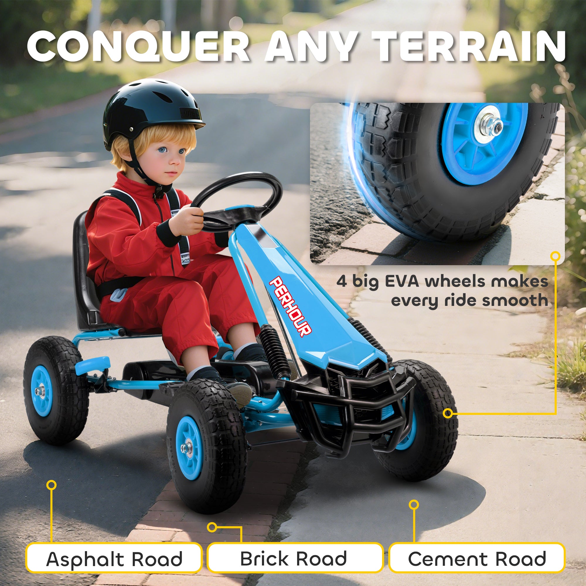 AIYAPLAY Kids Pedal Go Kart with Adjustable Seat, EVA Tyres, Manual Clutch, Brake, Go Kart for Kids 3-8 Years, Blue