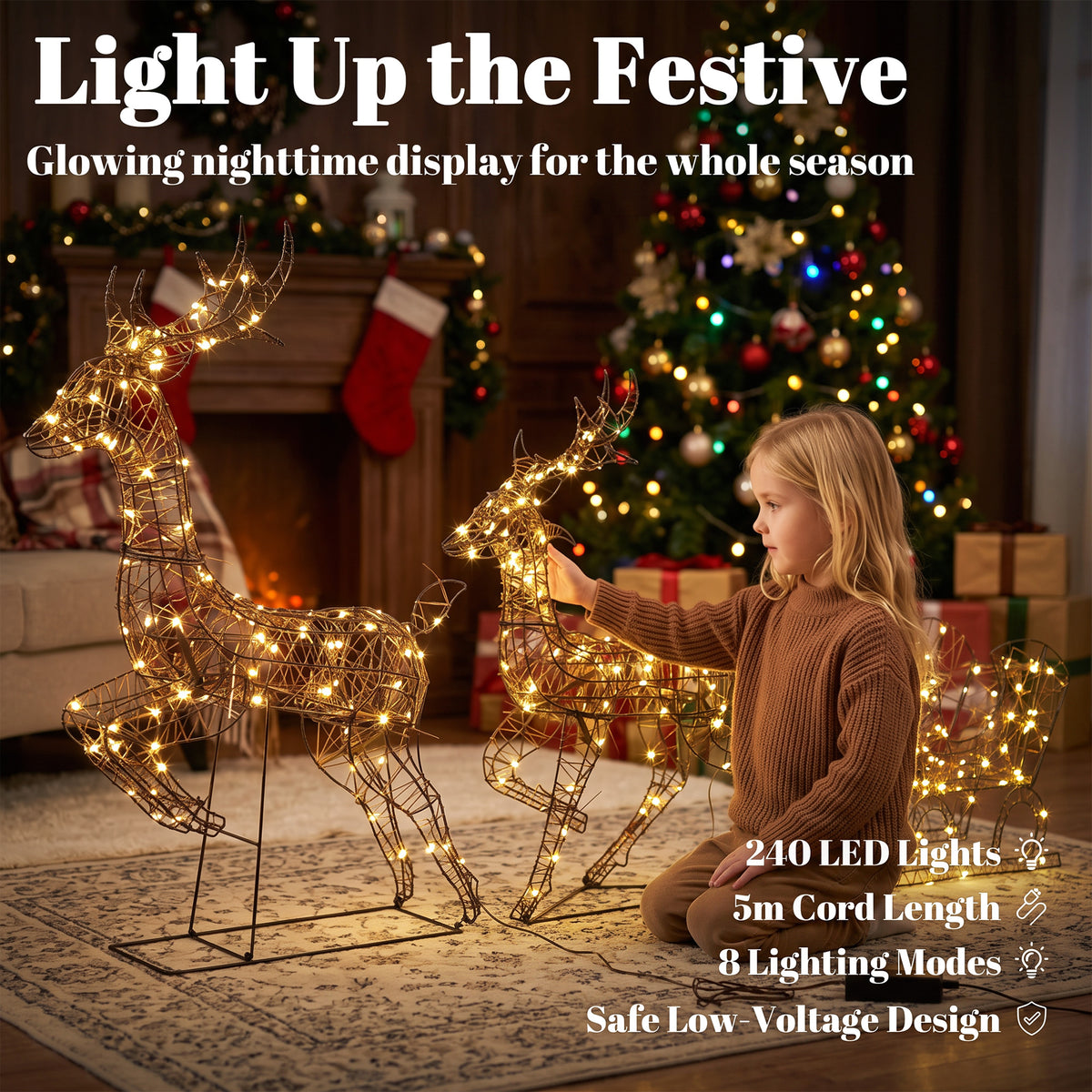 Outsunny 3-Piece Lighted Reindeer and Sleigh Set, PP Rattan Outdoor Christmas Decoration with LEDs, 8 Modes, Daily Timer