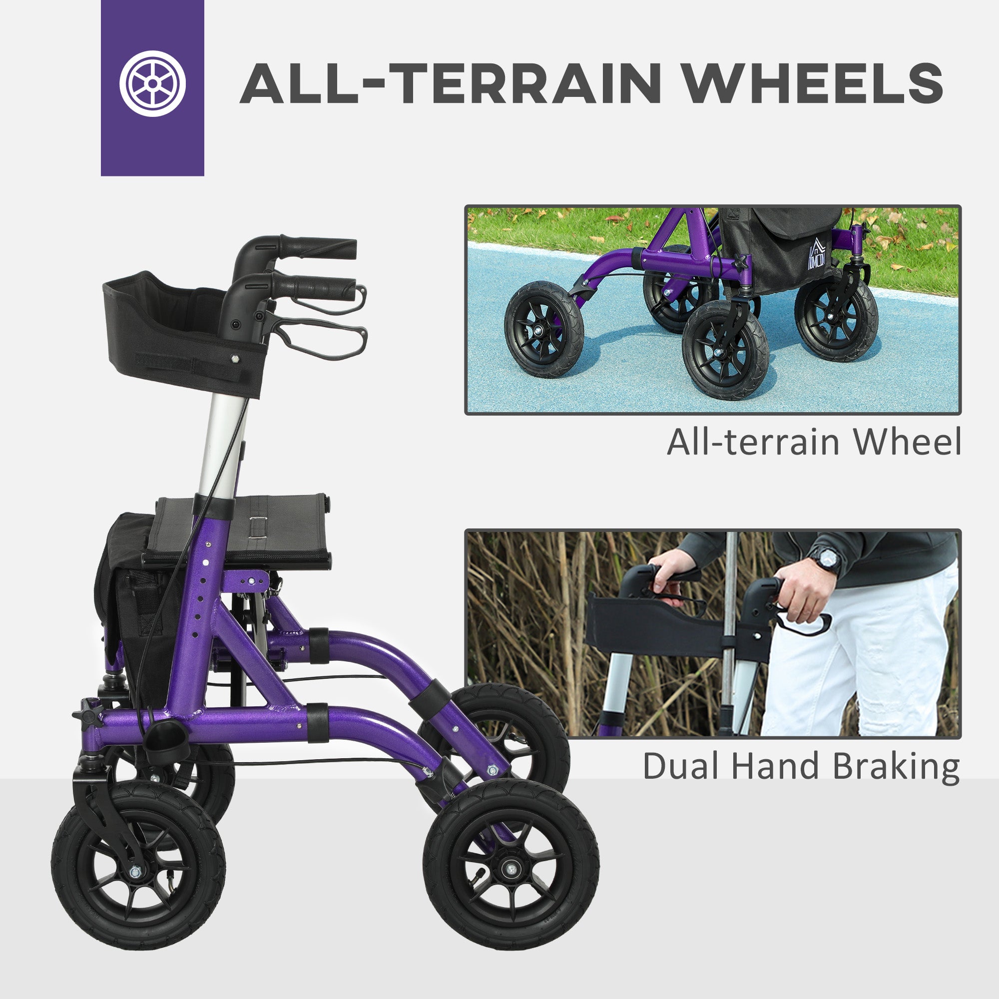 HOMCOM Folding Rollator Walker with Seat, Backrest, Lightweight Walking Frame with Storage Bag, Dual Brakes, All-terrain Wheels, Adjustable Handle Height, 4 Wheeled Walker for Seniors, Purple - North Peak Garden Furniture