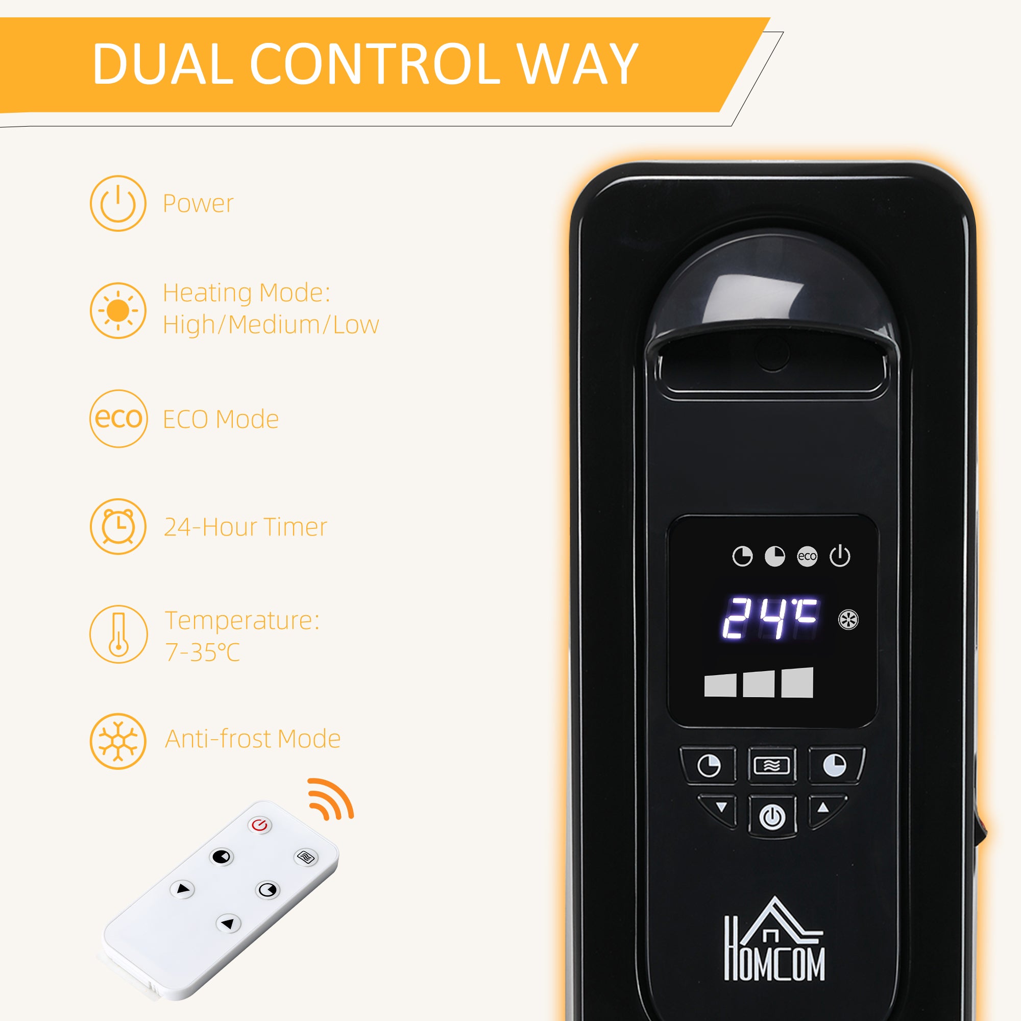 HOMCOM 1500W Digital Oil Filled Radiator, 7 Fin, Portable Electric Heater with LED Display, Built-in Timer, 3 Heat Settings, Safety Cut-Off and Remote Control, Black - North Peak Garden Furniture