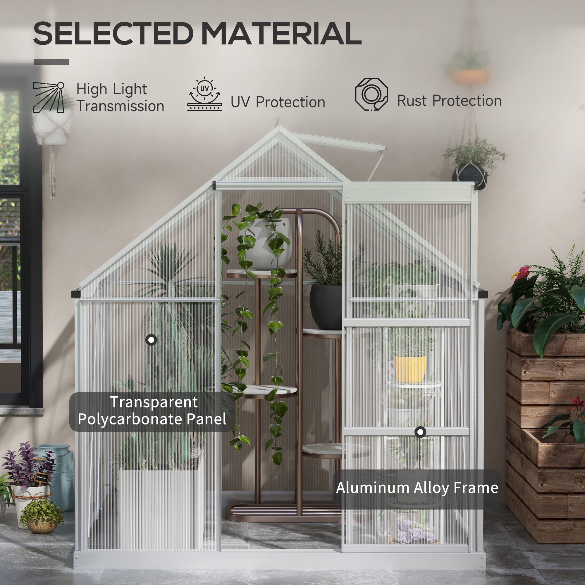 Outsunny 6 x 6ft Walk-In Greenhouse, Polycarbonate Greenhouse with Sliding Door, Window, Aluminium Frame, Foundation, Silver - North Peak Garden Furniture