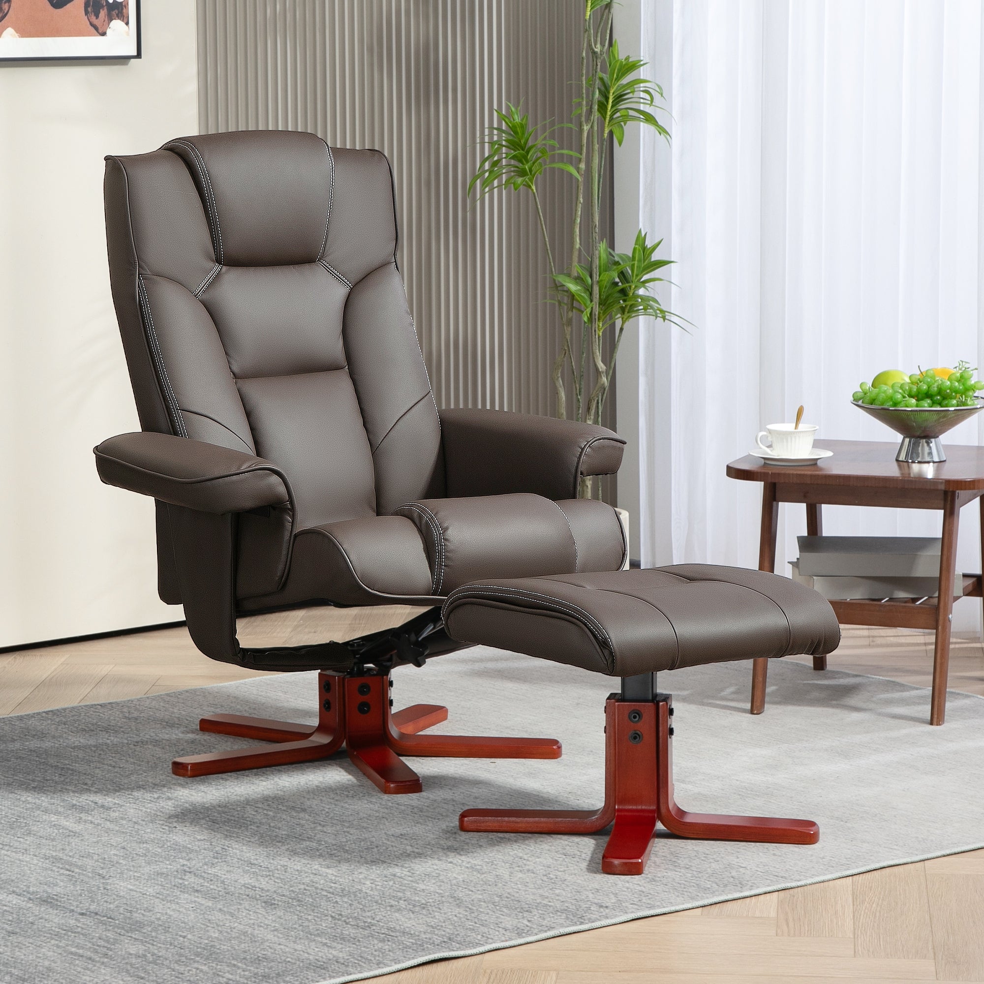 HOMCOM Faux Leather Manual Recliner and Footstool Set - Brown - North Peak Garden Furniture