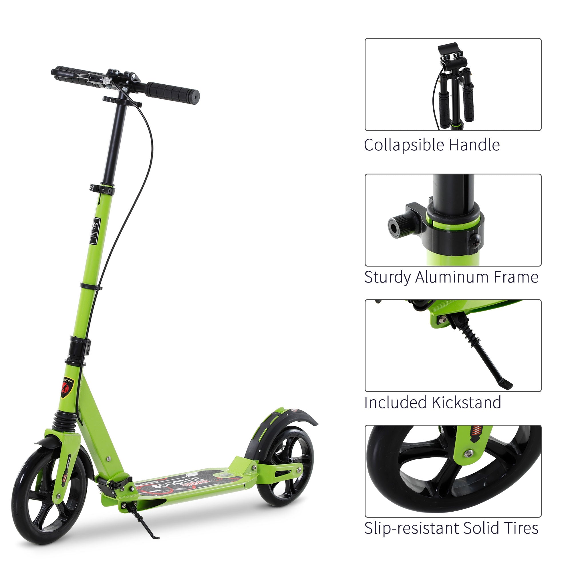 HOMCOM Kick Scooter, Folding 2 Wheel Scooter for 14+ Teens Adults, with Dual Brake System, Dual Suspension, 230mm Big Wheels, 3 Adjustable Handlebar, up to 100KG, Green - North Peak Garden Furniture