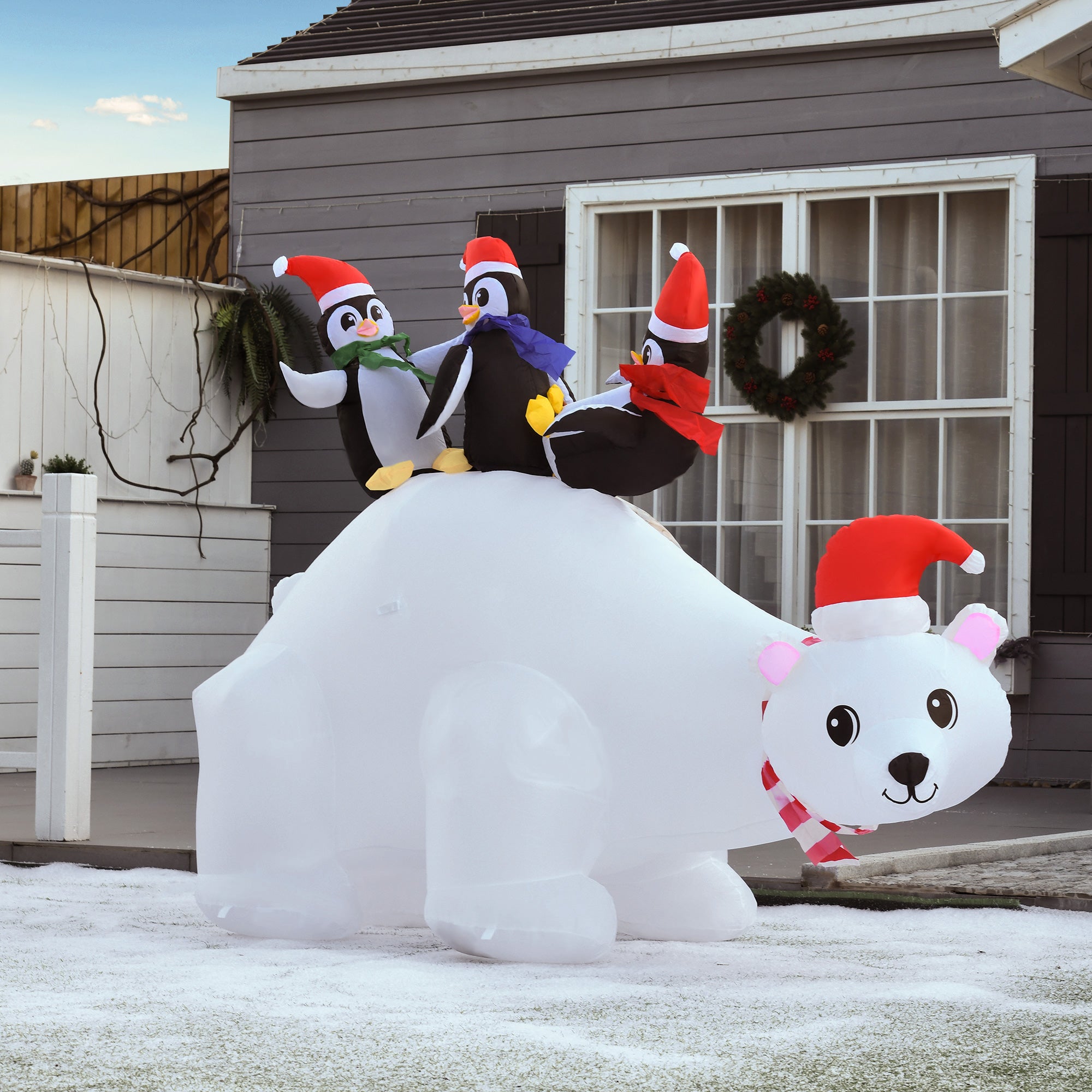 HOMCOM 5ft Outdoor Christmas Inflatable with LED Light, Lighted Blow up Polar Bear with Three Penguins, Giant Yard Party Decoration for Home Garden Lawn Party Prop - North Peak Garden Furniture