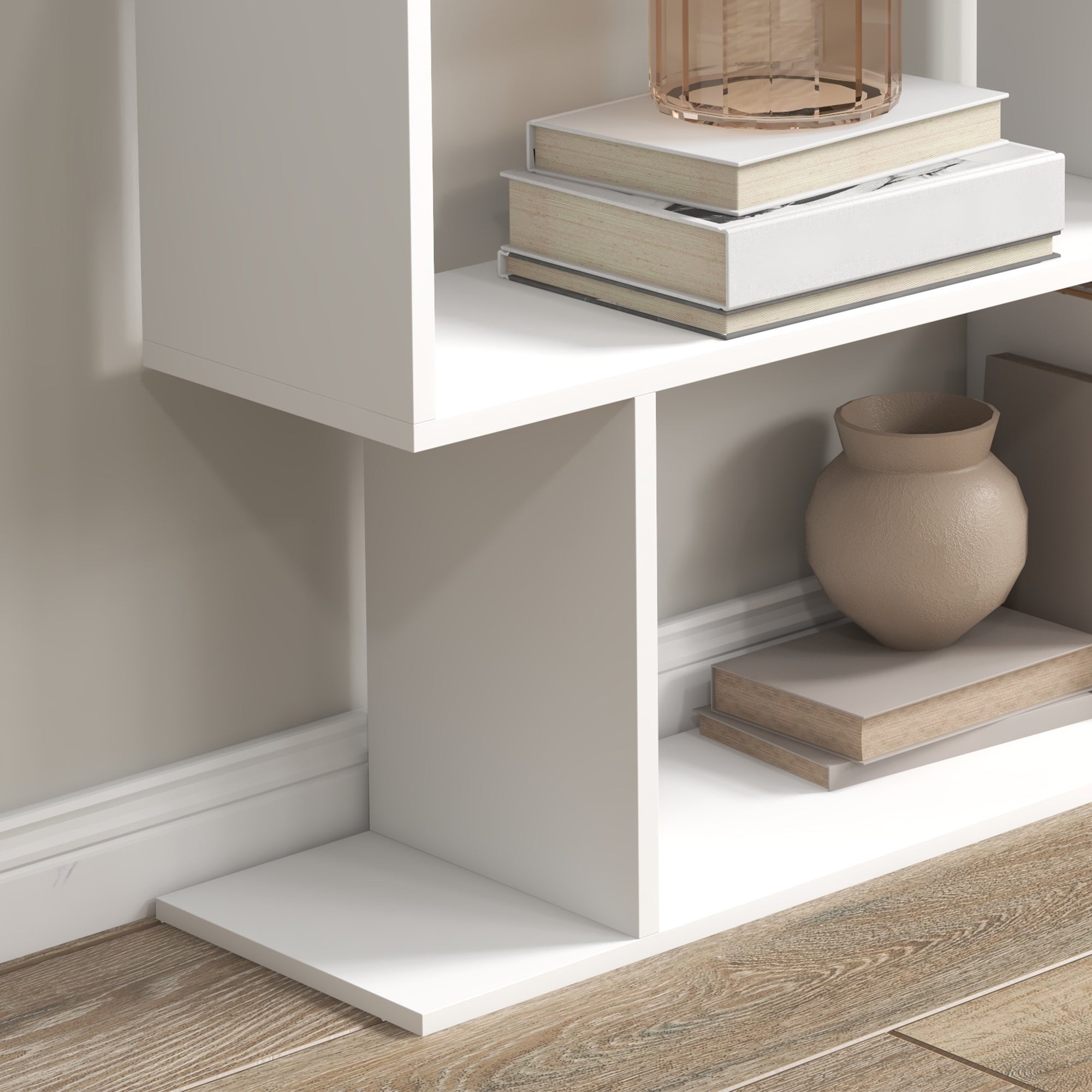 HOMCOM Wooden Wood S Shape Storage Display 6 Shelves Room Divider Unit Chest Bookshelf Bookcase Cupboard Cabinet Home Office Furniture (White) - North Peak Garden Furniture