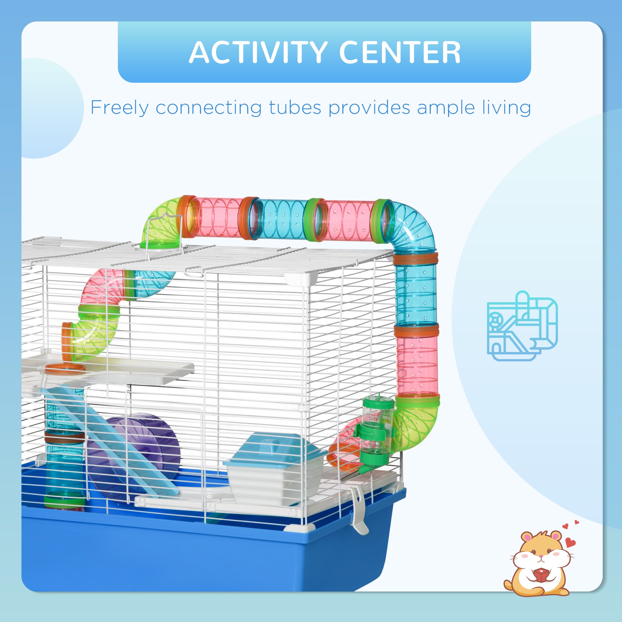 PawHut Hamster Cage with Tubes Tunnel 3 Level Rodent House with Exercise Wheel, Water Bottle, Food Dish, Ramp, Hut 59 x 36 x 47 cm- Blue - North Peak Garden Furniture