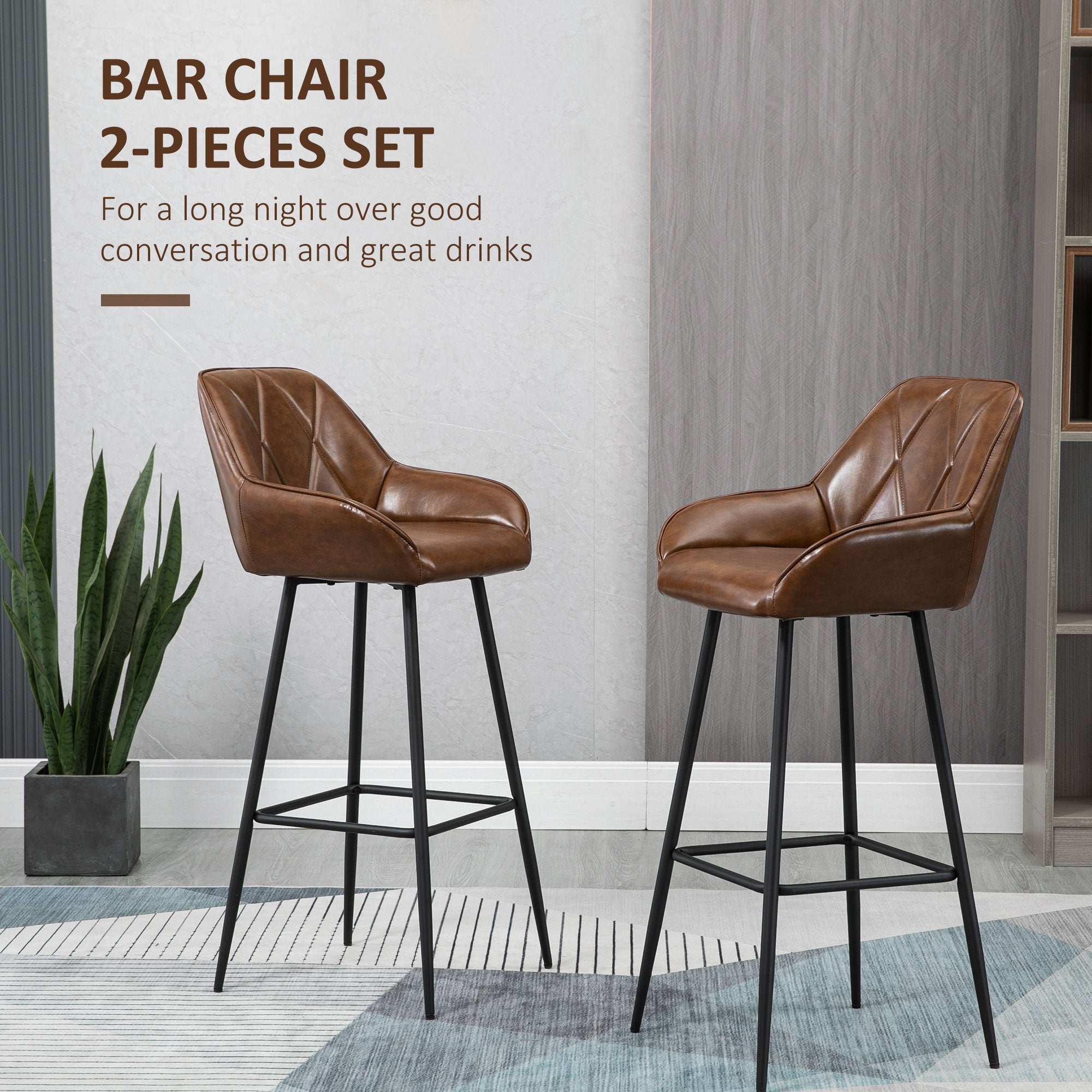 HOMCOM Retro Bar Stools Set of 2, Breakfast Bar Chairs with Footrest, Kitchen Stools with Backs and Steel Legs, for Dining Area and Home Bar, Brown - North Peak Garden Furniture