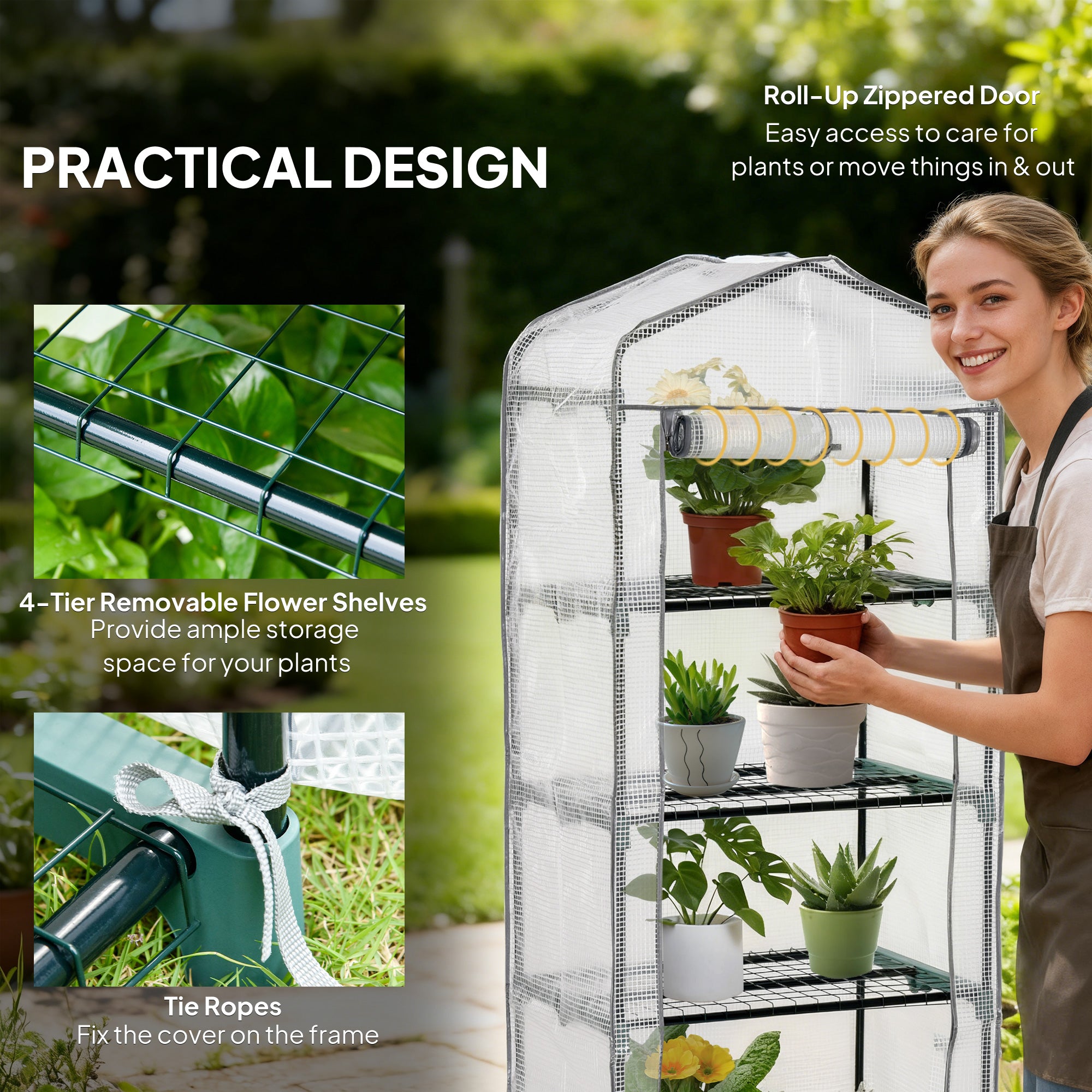 Outsunny 4 Tiers Mini Portable Greenhouse Compact Plant Grow Shed Metal Frame PE Cover 160H x 70L x 50Wcm