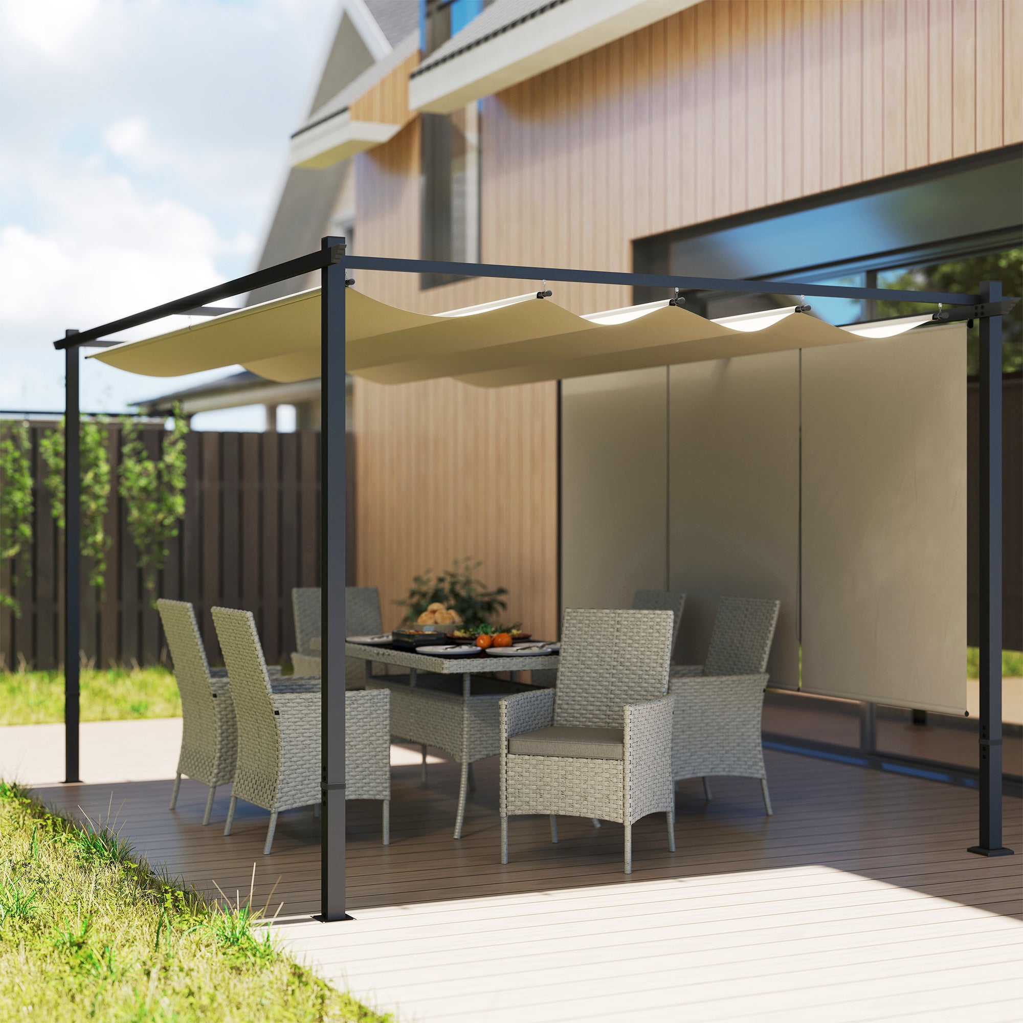 Outsunny 3 x 4m Metal Pergola with Retractable Roof and Roller Shade, Wall-Mounted or Free Standing Garden Gazebo Canopy Pergola Kit, UPF30+ Outdoor Sun Shade Shelter, Beige - North Peak Garden Furniture
