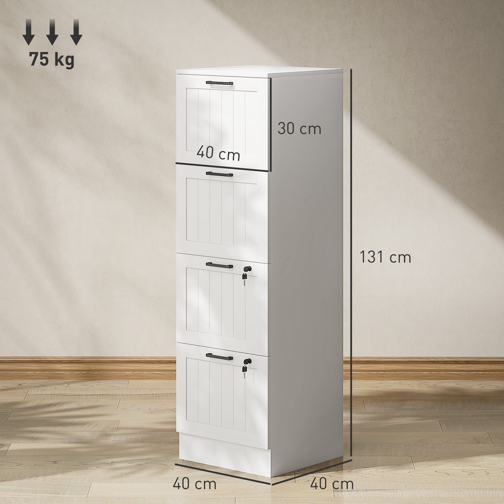HOMCOM 4 Drawer Filing Cabinet with Lock, Office Storage Cabinet with Adjustable Hanging Bars for A4 Letter Size Files, White