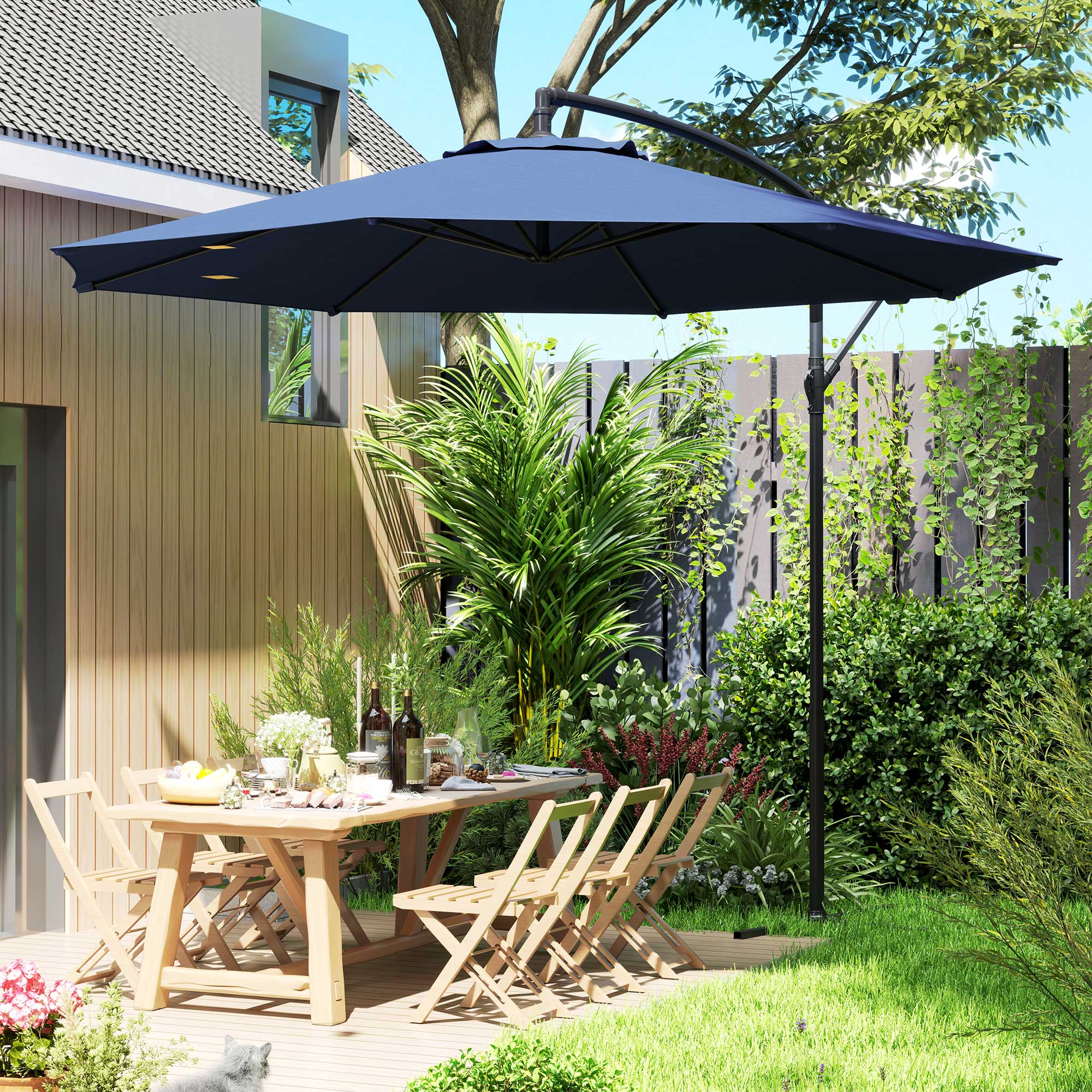 Outsunny 2.45m Overhanging Cantilever Parasol, with Cross Base - Blue - North Peak Garden Furniture