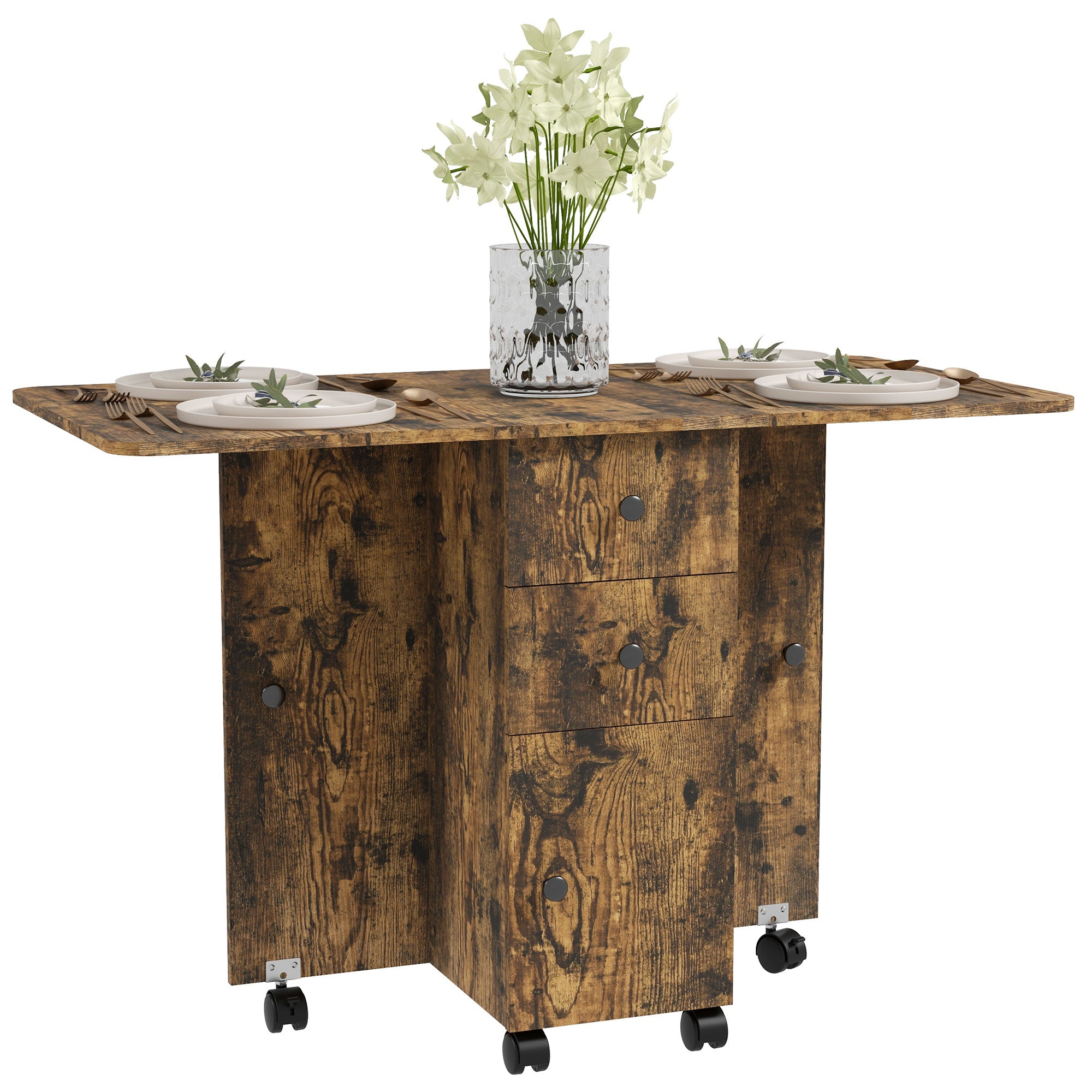 HOMCOM Multi-Storage Six-Person Drop Leaf Dining Table - Rustic Brown - North Peak Garden Furniture