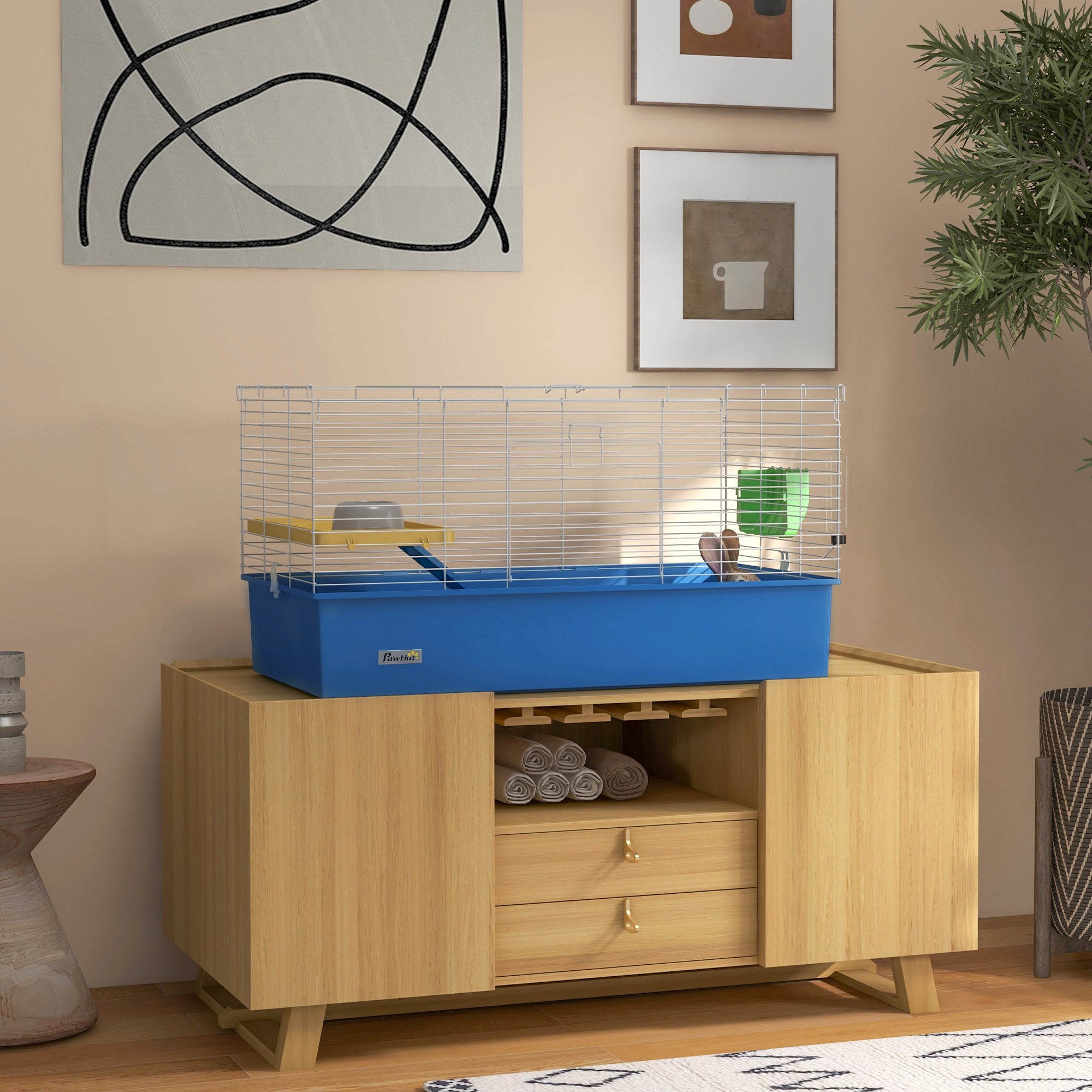 PawHut Chinchillas Small Rabbit Guinea Pig Small Animal Cage, Pet Playhouse, with Platform, Ramp, 99 x 52 x 53cm, Blue - North Peak Garden Furniture