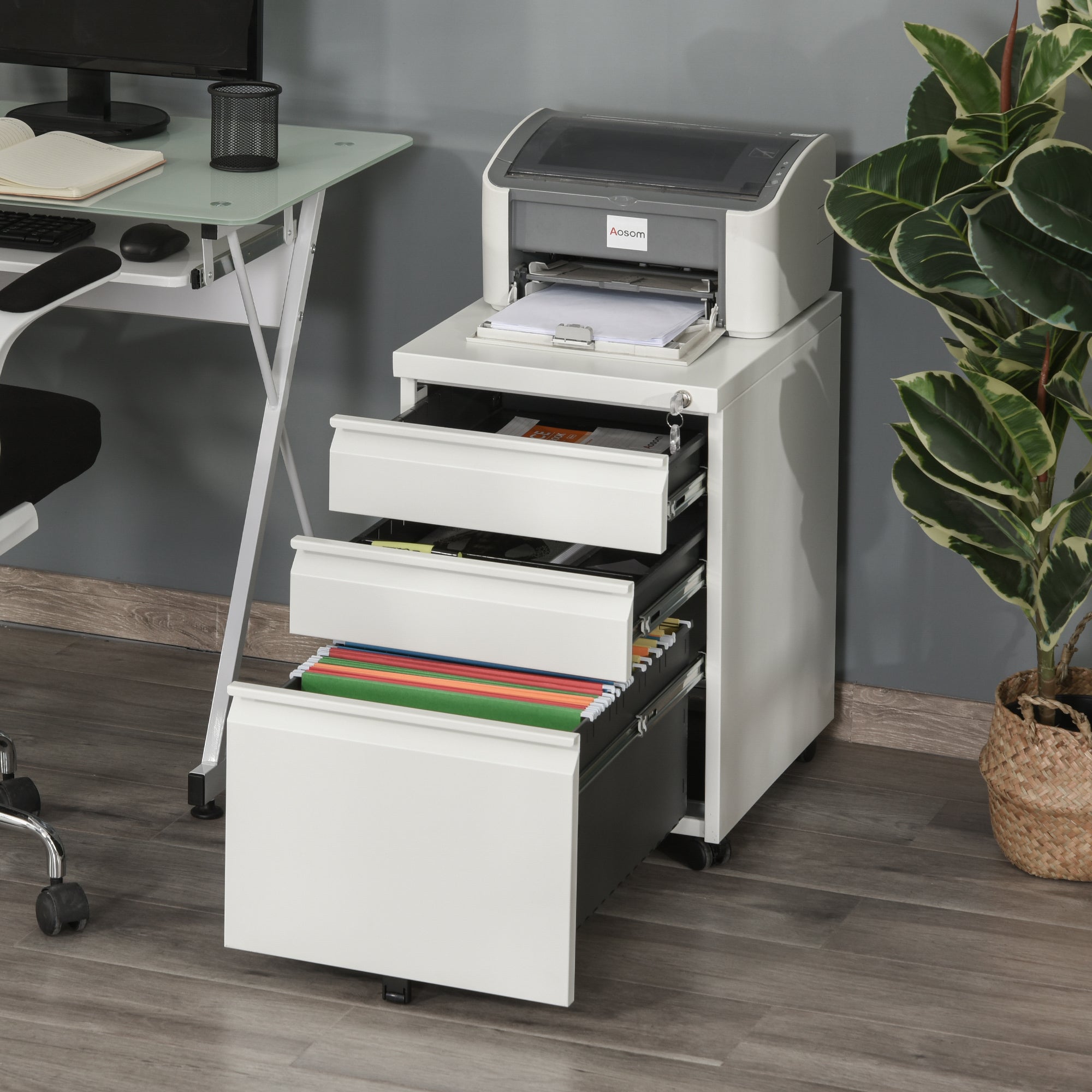 Vinsetto 3 Drawer Filling Cabinet, Mobile Metal File Cabinet with Anti-tilt Design for Letter, A4, Legal Size, White