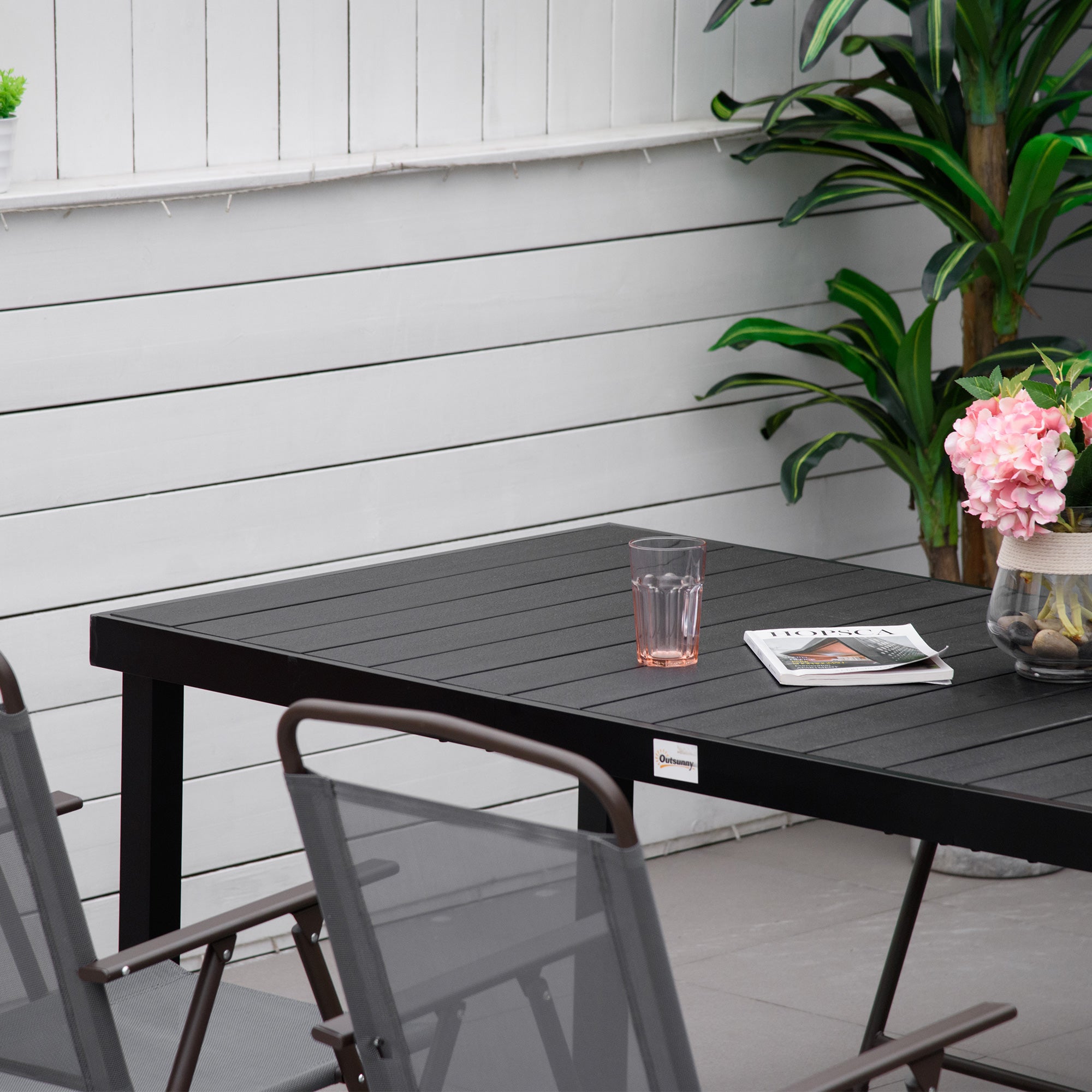 Outsunny Aluminium Outdoor Garden Dining Table for 8 People, Faux Wood Top, for Garden, Lawn, Patio, 190 x 90 x 74cm, Black