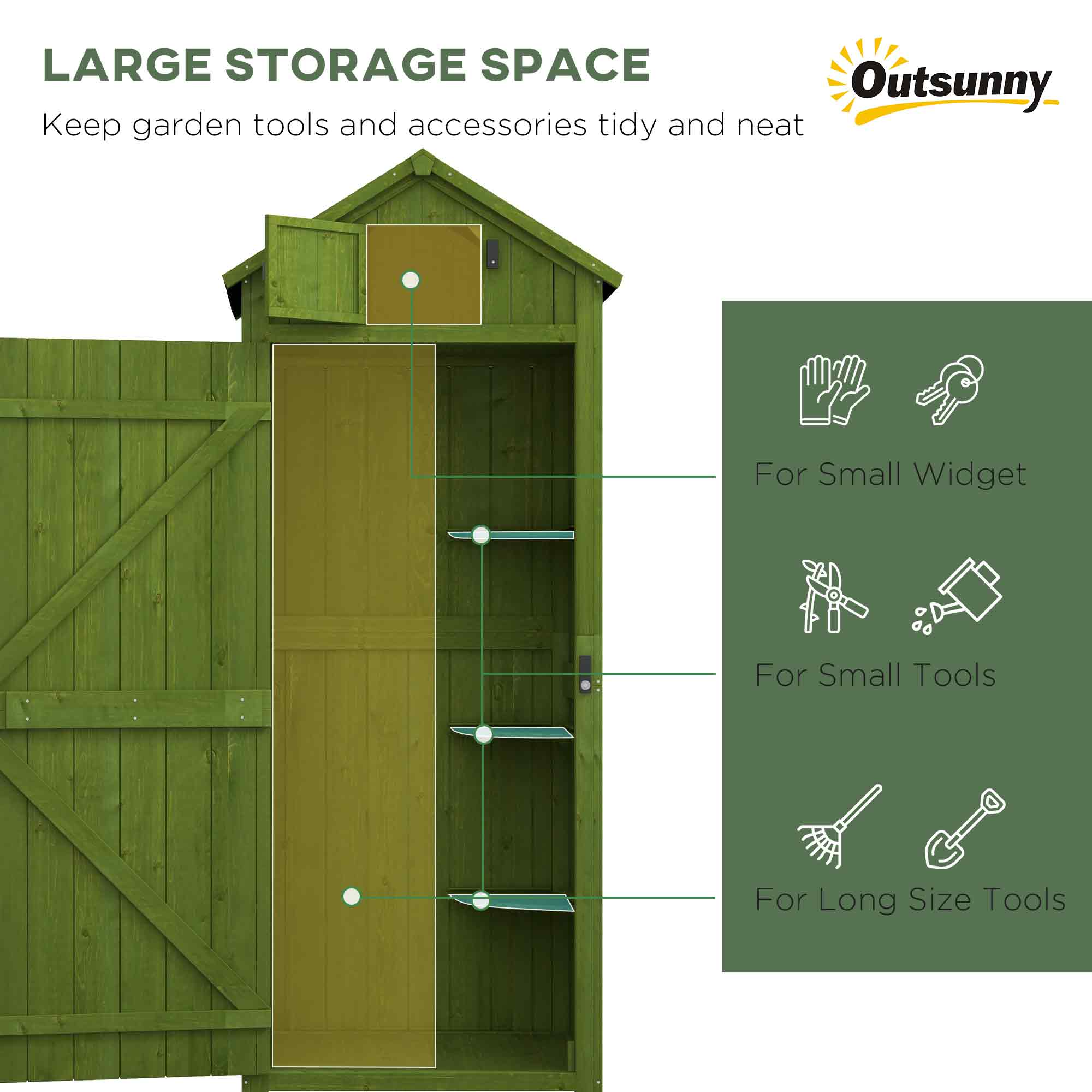 Outsunny Wooden Garden Shed, Utility Outdoor Small Shed with Lockable Double Doors, Shelves and Roof Hatch, Dark Green - North Peak Garden Furniture