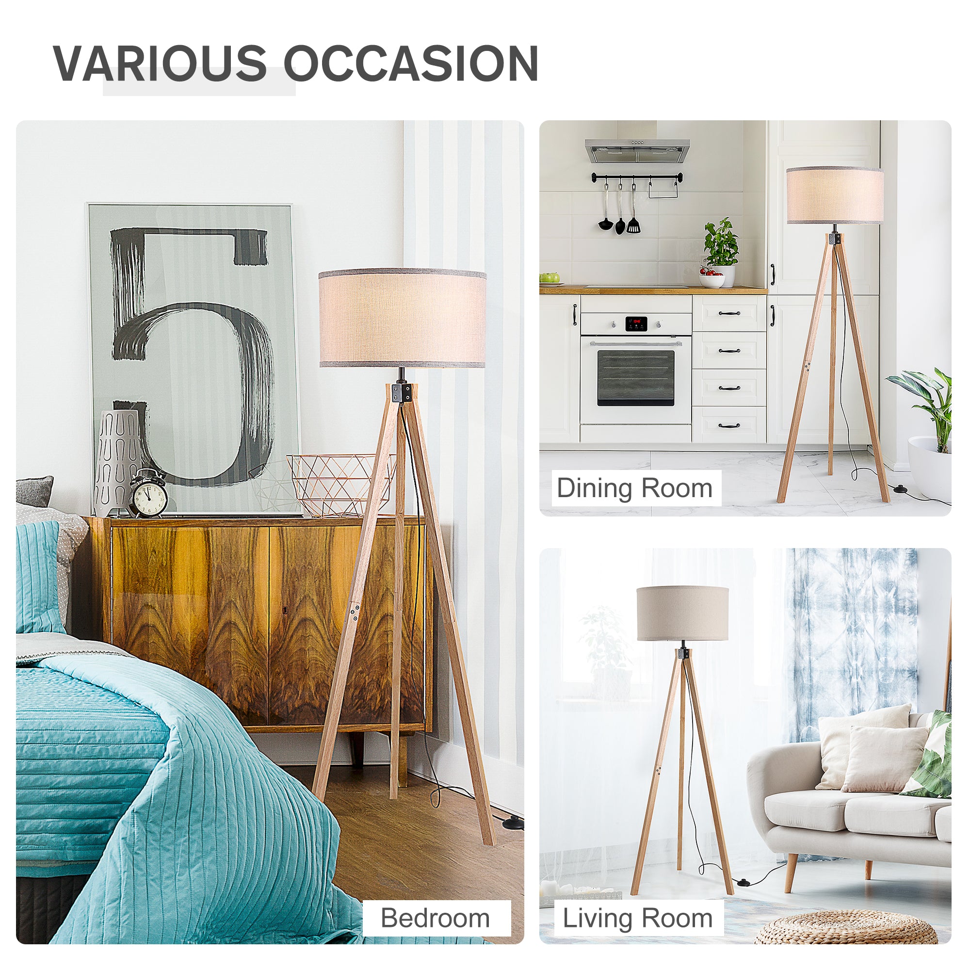 HOMCOM 5FT Elegant Wood Tripod Floor Lamp Free Standing E27 Bulb Lamp Versatile Use For Home Office - Beige - North Peak Garden Furniture