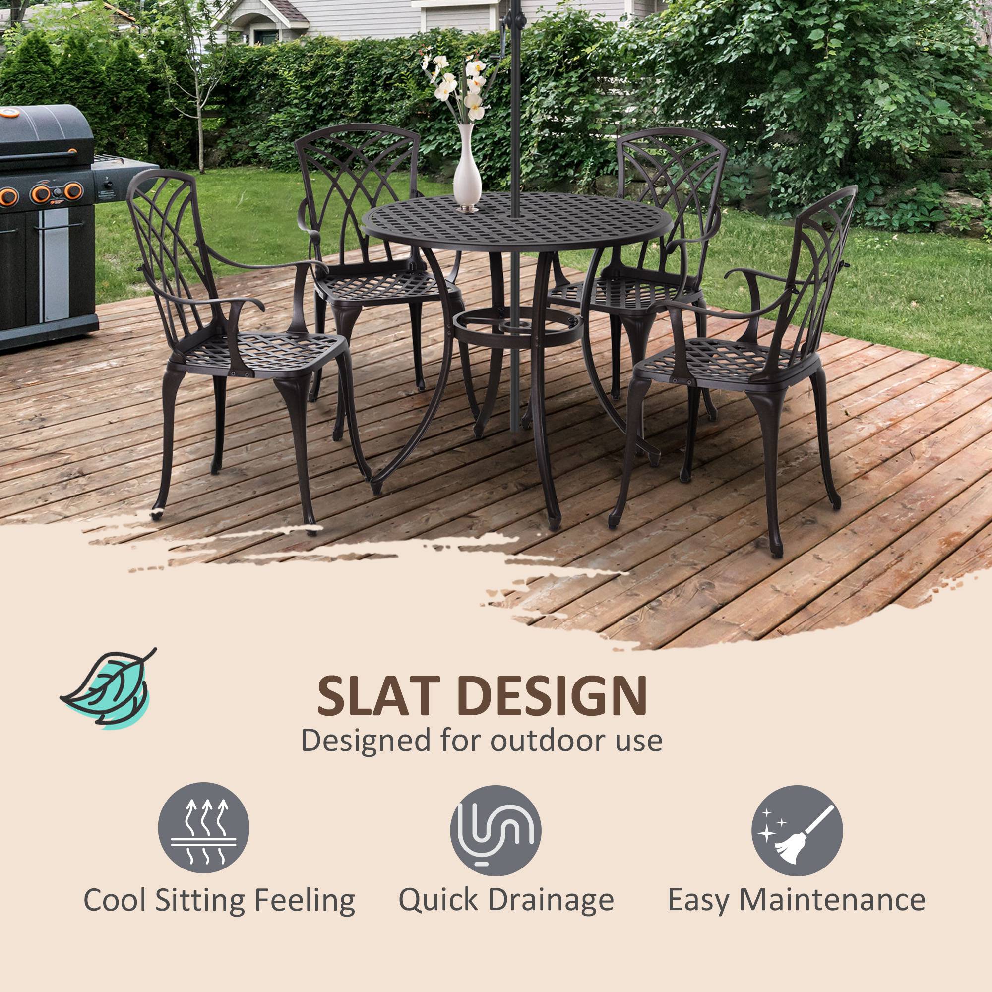 Outsunny 5 Pieces Outdoor Dining Table Set, Cast Aluminium Patio Conversation Furniture Set with 4 Armchairs, a Round Dining Table with Parasol Hole, Brown - North Peak Garden Furniture