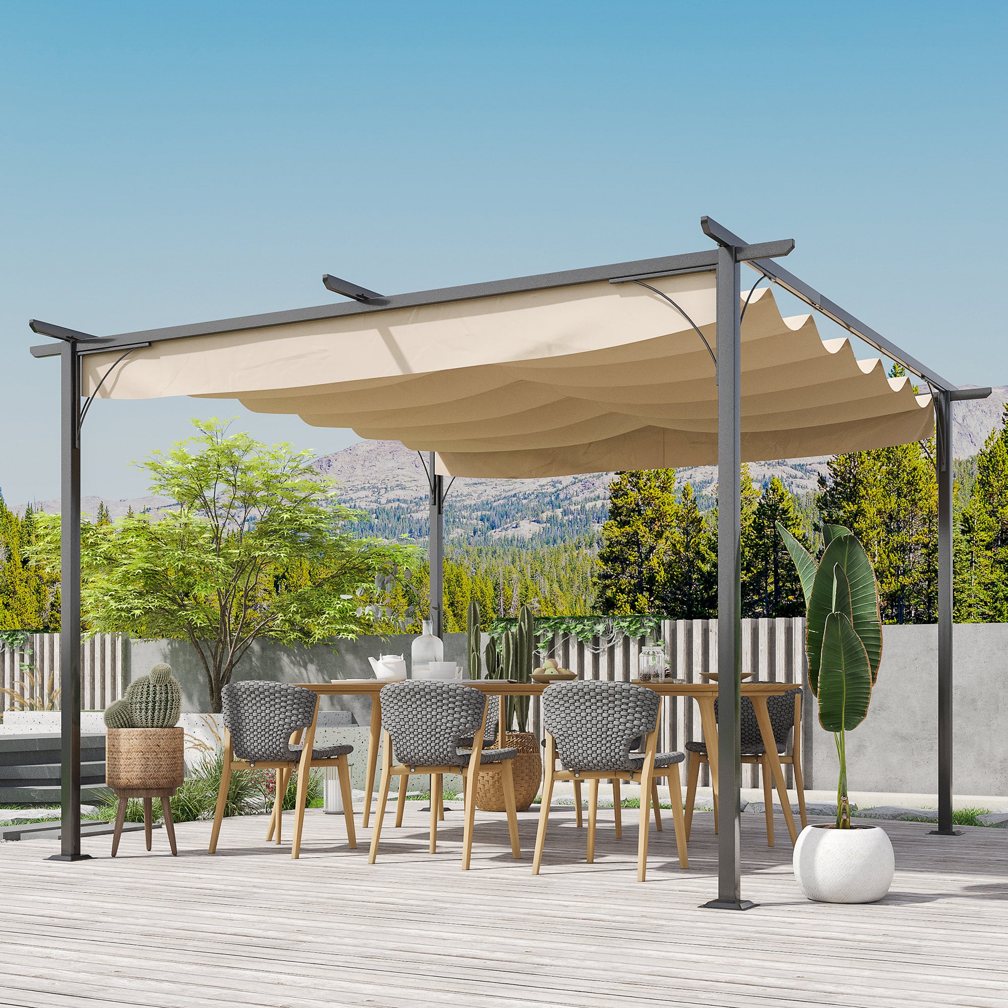 Outsunny 3.5M X 3.5M Metal Pergola Gazebo Awning Retractable Canopy Outdoor Garden Sun Shade Shelter Marquee Party BBQ, Beige - North Peak Garden Furniture