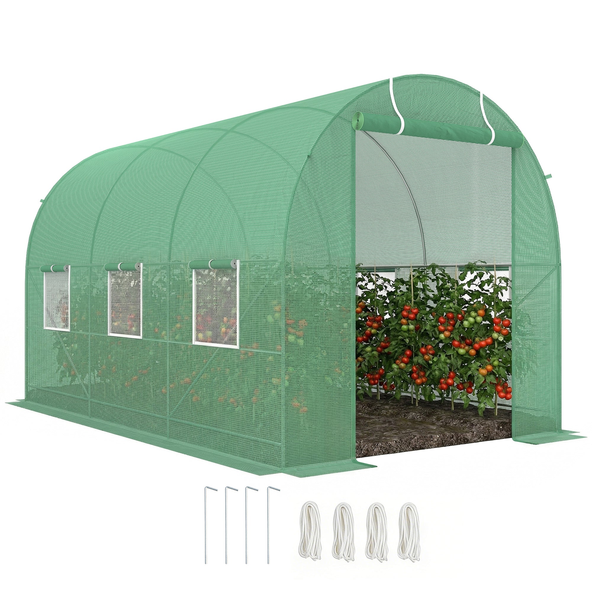 Outsunny 3.5 x 2m Walk-In Polytunnel Greenhouse, with Steel Frame, PE Cover, Roll-Up Door and 6 Windows, Green