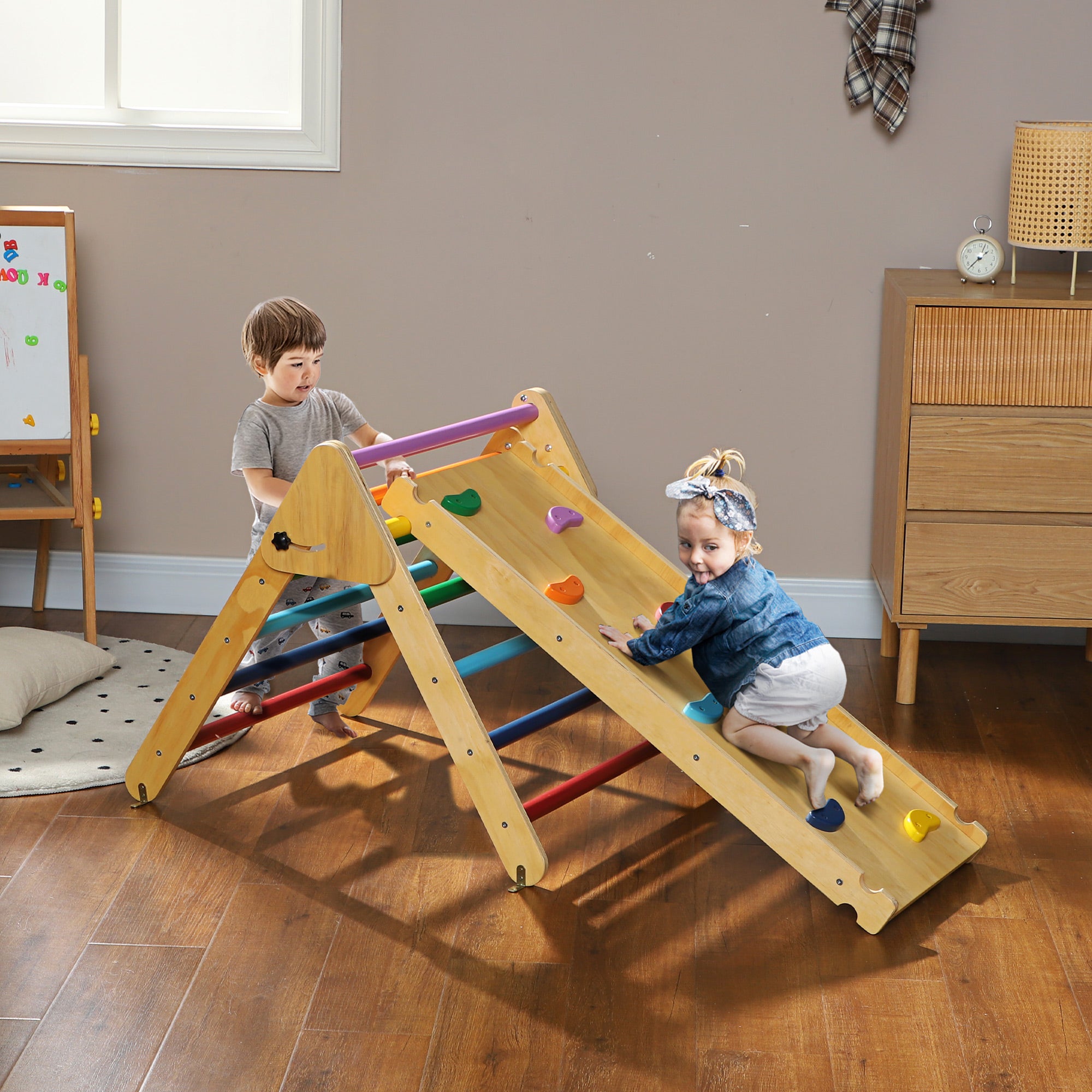 AIYAPLAY Toddler Climbing Frame for Kids with Ramp, 3 in 1 Wooden Pikler Triangle Set for 18-48 Months, Multicolour - North Peak Garden Furniture