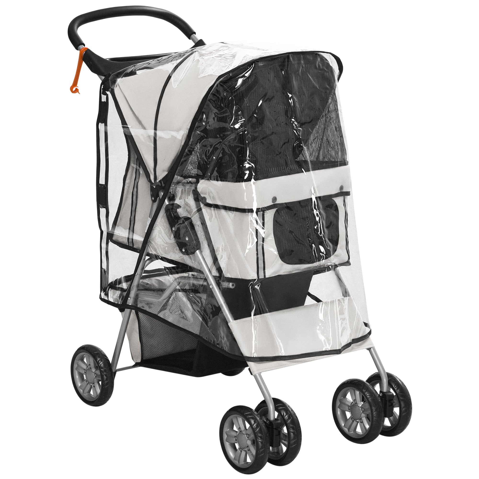 PawHut Dog Stroller with Rain Cover for Small Miniature Dogs, Folding Pet Pram with Cup Holder, Storage Basket, Reflective Strips, Grey - North Peak Garden Furniture