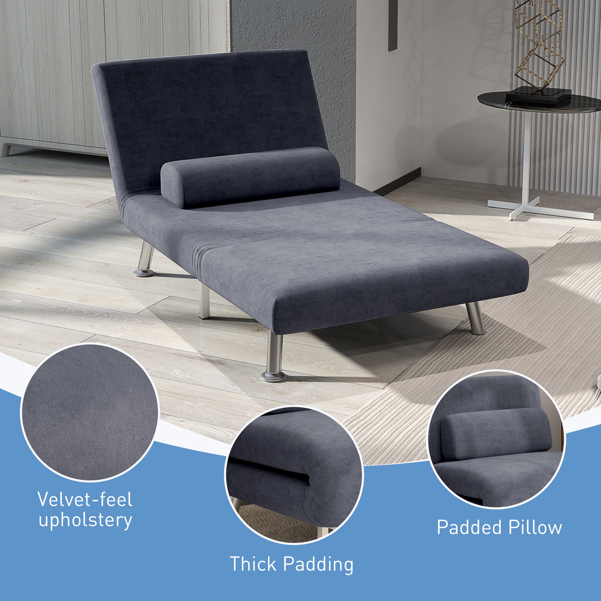 HOMCOM Single Velvet-Feel Sleeper Chair - Charcoal Grey - North Peak Garden Furniture