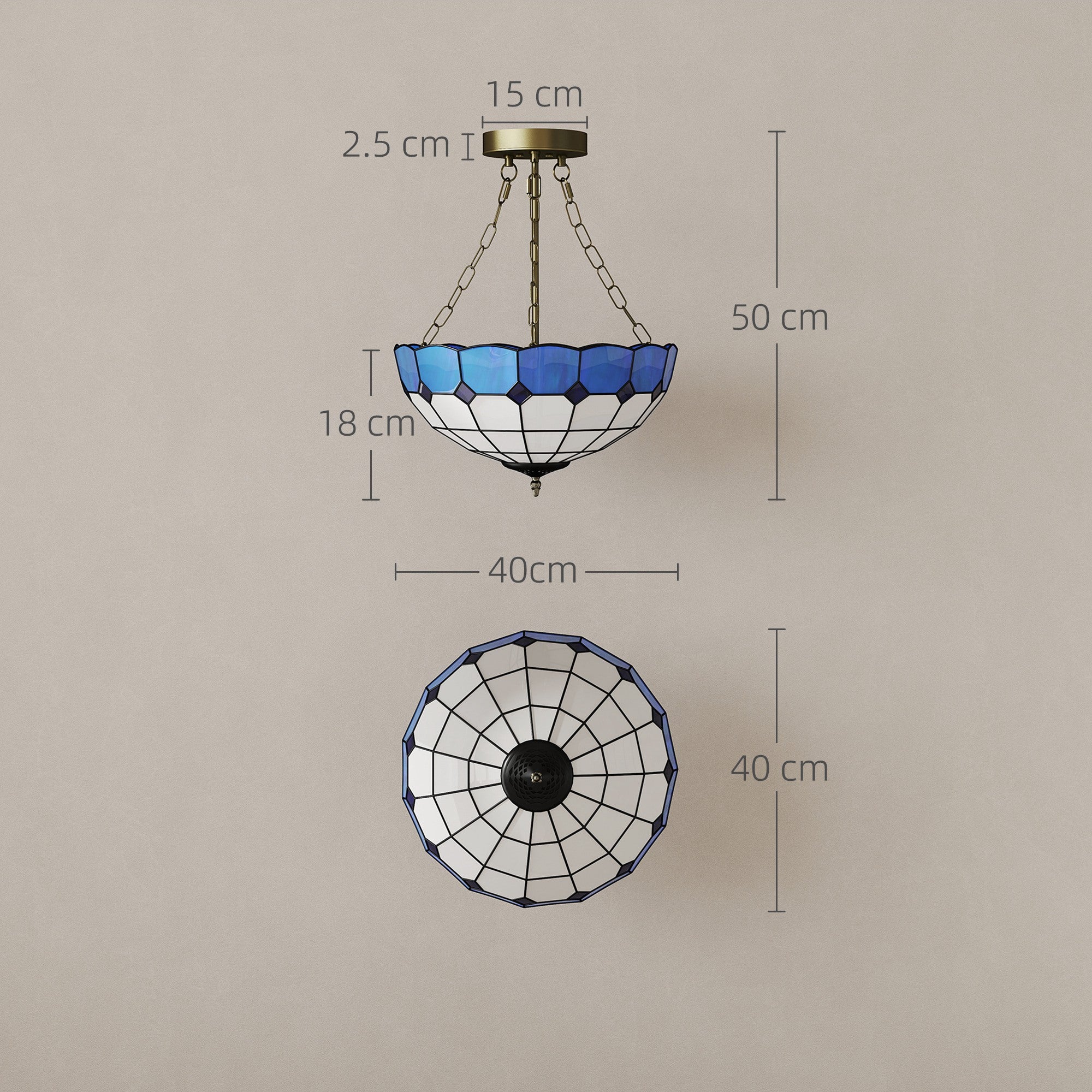 HOMCOM Tiffany Style Ceiling Light, Vintage Chandelier with 3 E27 Sockets, Semi Flush Mount for Living Room, Bulbs Not Included