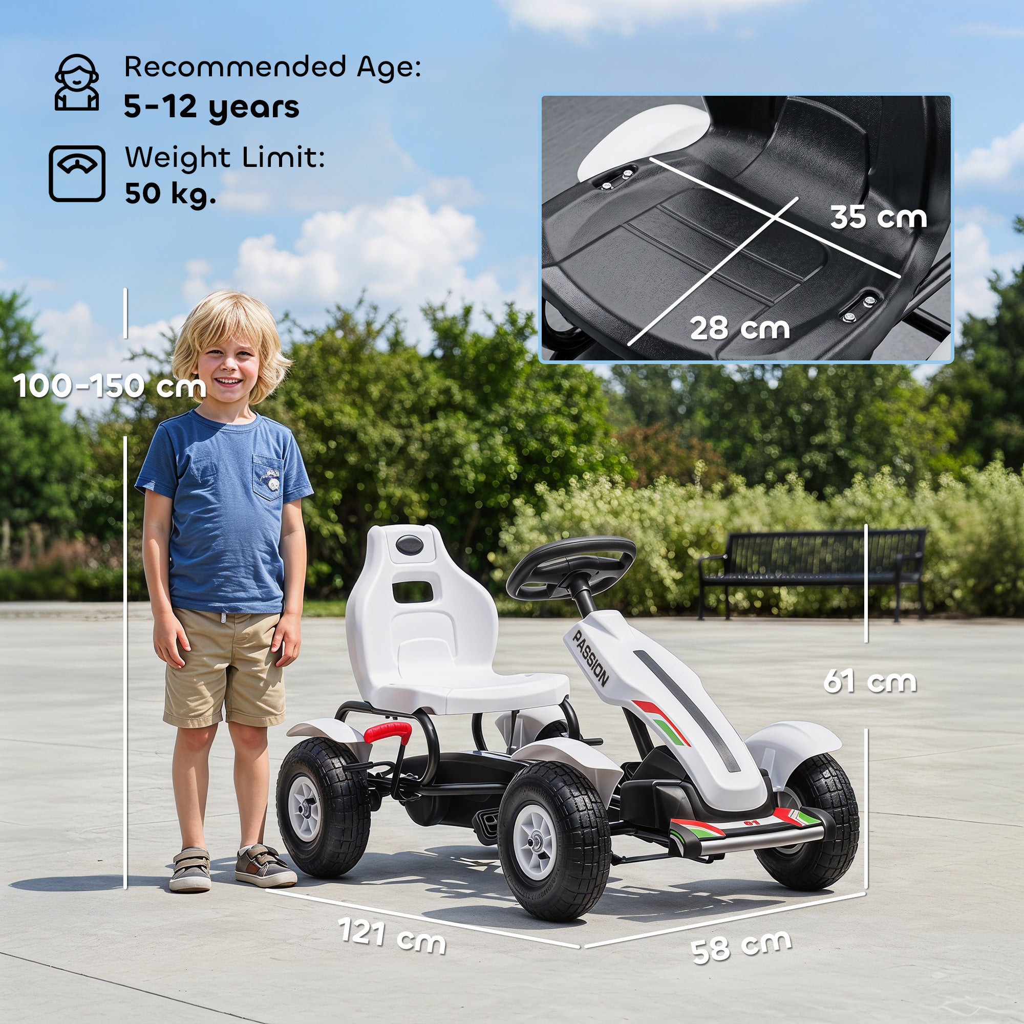 HOMCOM Children Pedal Go Kart, Kids Ride On Racer with Adjustable Seat, Inflatable Rubber Tyres, Handbrake, for Ages 5-12 Years - White