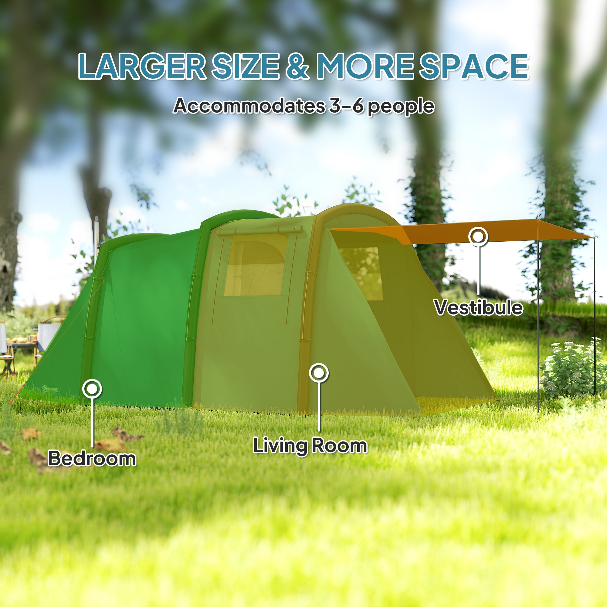 Outsunny Inflatable 3-4 Man Tunnel Tent w/ Air Pump, Living Area & Vestibule, Waterproof Family Camping Air Tent w/ Sewn In Groundsheet & Removable Footprint for Camping, Hiking, Blue - North Peak Garden Furniture