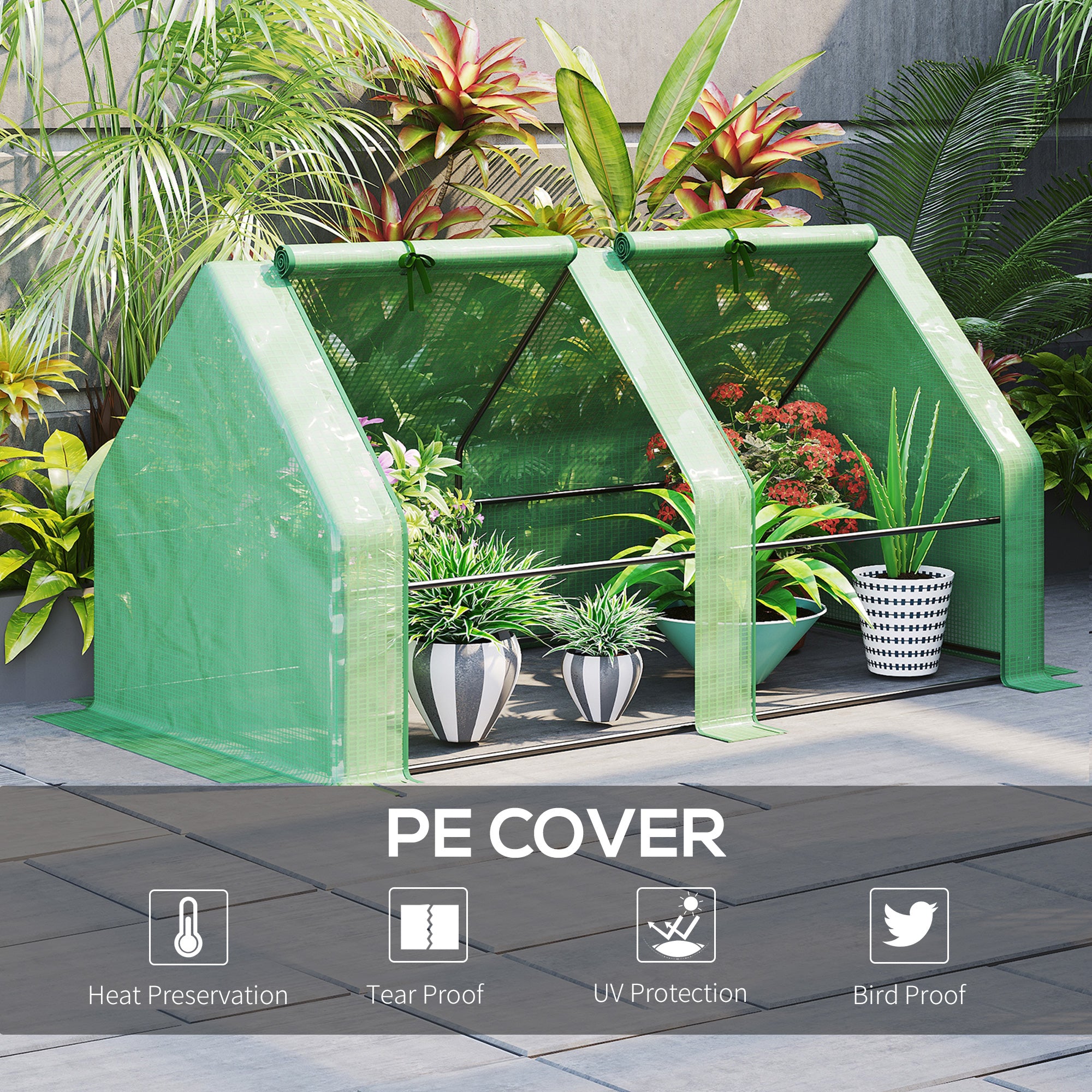 Outsunny Mini Small Greenhouse with Steel Frame & PE Cover & Zippered Window Poly tunnel Steeple for Plants Vegetables, 180 x 90 x 90 cm, Green - North Peak Garden Furniture