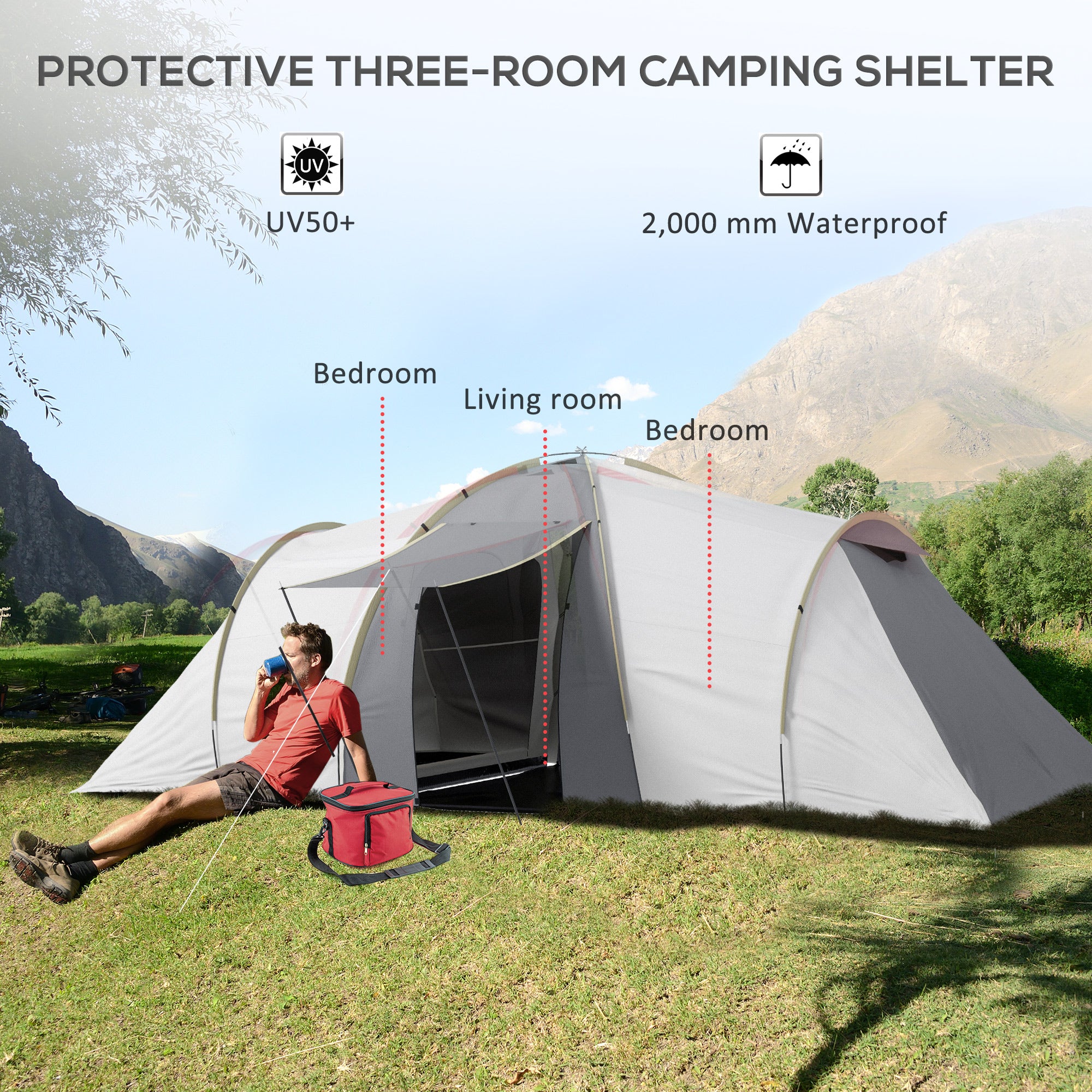 Outsunny Four-Man Tunnel Tent, with Two Bedrooms and Living Room - Grey/Yellow - North Peak Garden Furniture