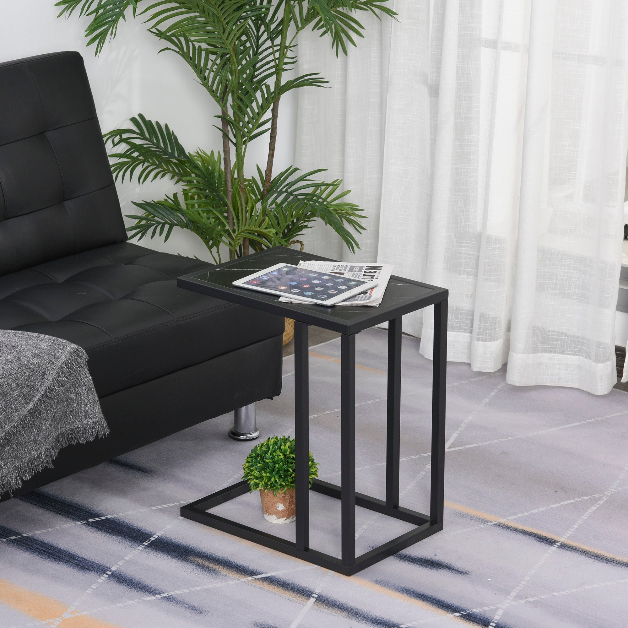 HOMCOM C Shape Bedside Table w/Metal Frame Marble-Effect Top Sofa Narrow Snack End Table for Living Room, Black - North Peak Garden Furniture
